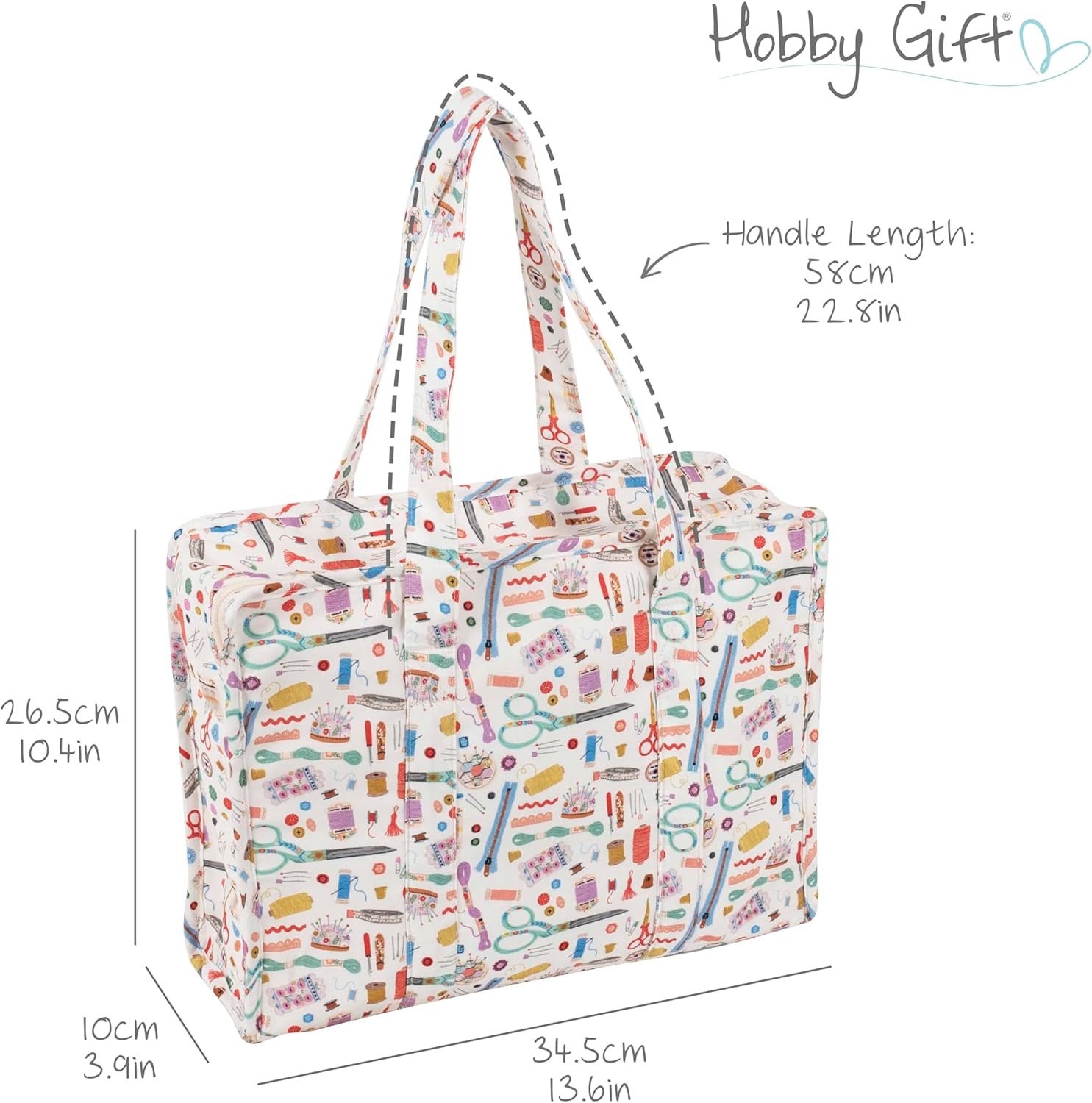 Hobby Gift Craft Project Bag - Soft Cotton Fabric for Classic Crafts, with Zipper, Transparent Inserts, Projects, 26.5 x 10 x 34.5 cm, multicoloured, project craft bag