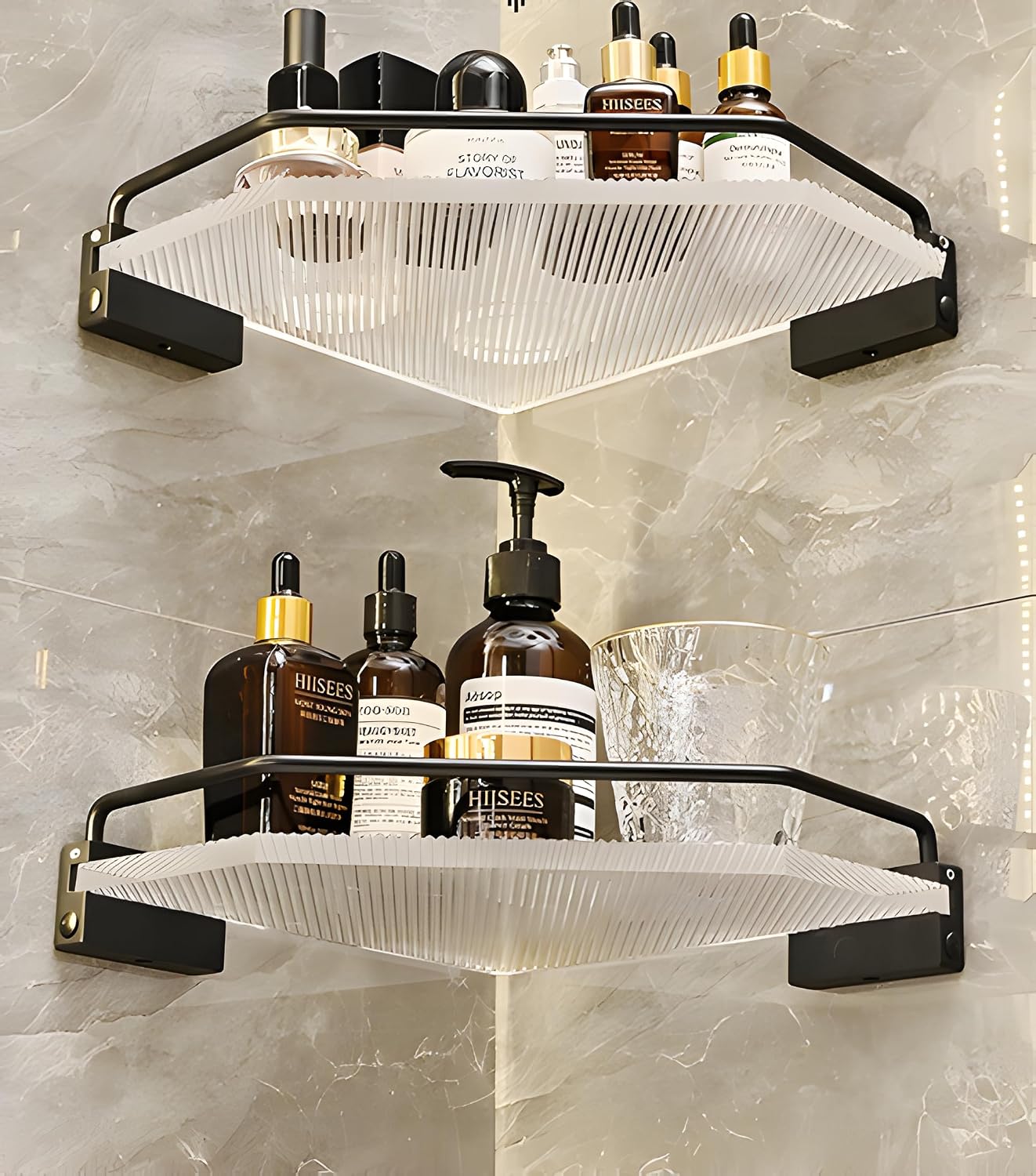 Corner Shower Caddy Bathroom Shelf, Aluminum Acrylic No Drilling Adhesive Shower Basket Organizer, Black, 1Pack