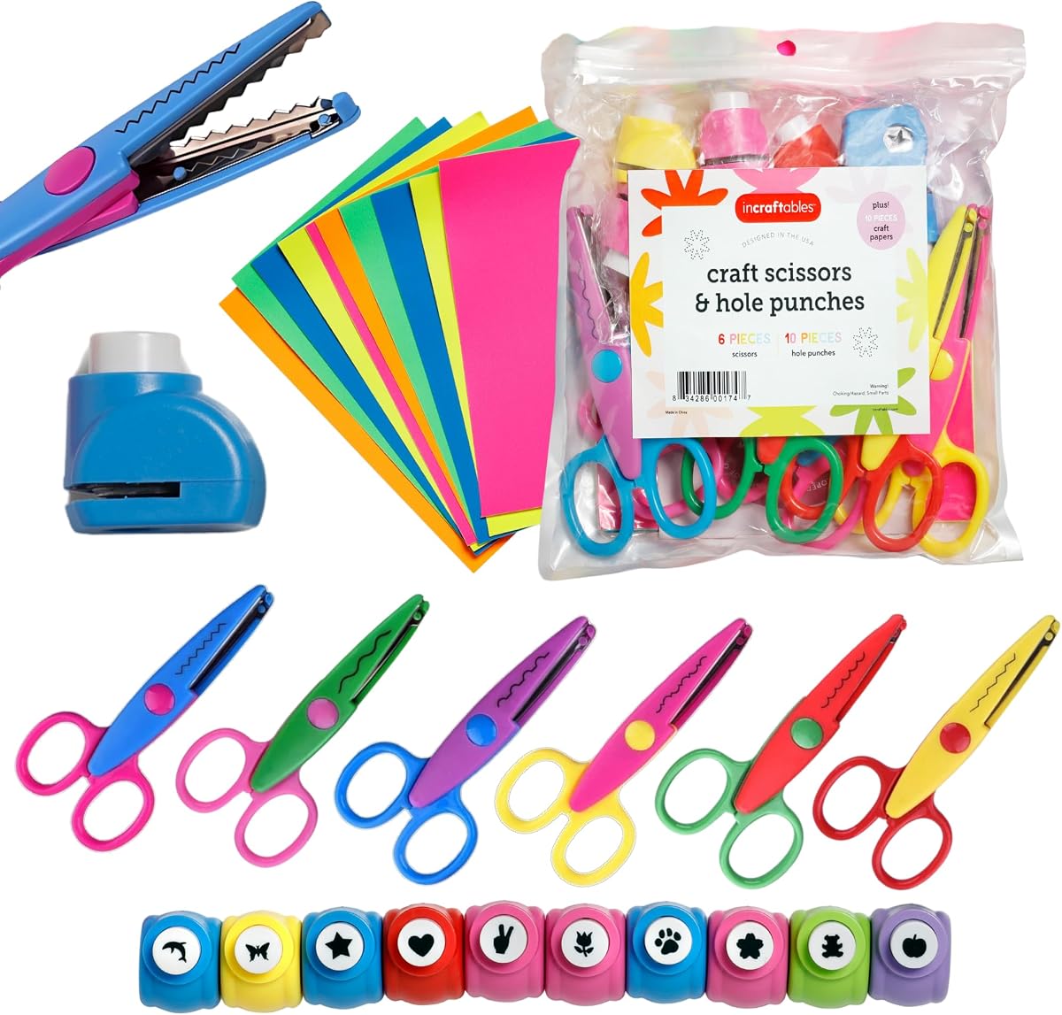 Craft Scissors Set – 26 Pcs, Paper Hole Punch & Decorative Cutting Edges | Incraftables 6 decorative scissors, 10 hole punch shapes & 10 colorful sheets – great for kids & scrapbooking.