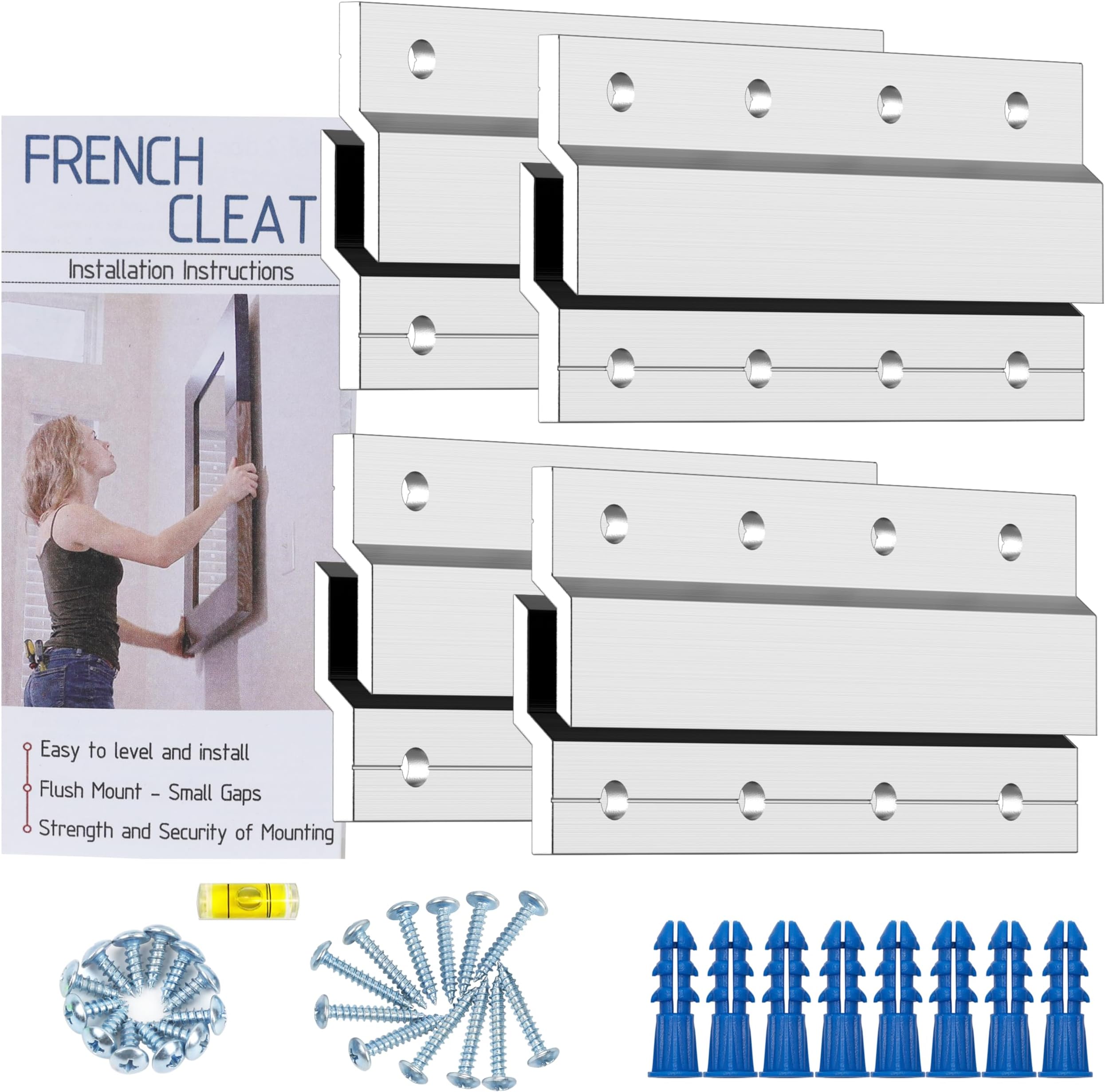 French Cleat Hanger 4 Inch Heavy Duty- 4 Pack - Picture, Mirror, Whiteboard, Cabniet, Shelf, Pallet or Panel Interlocking Wall Mounting Bracket - Aluminum Z Bar Clip Hanger Supports 40 lbs
