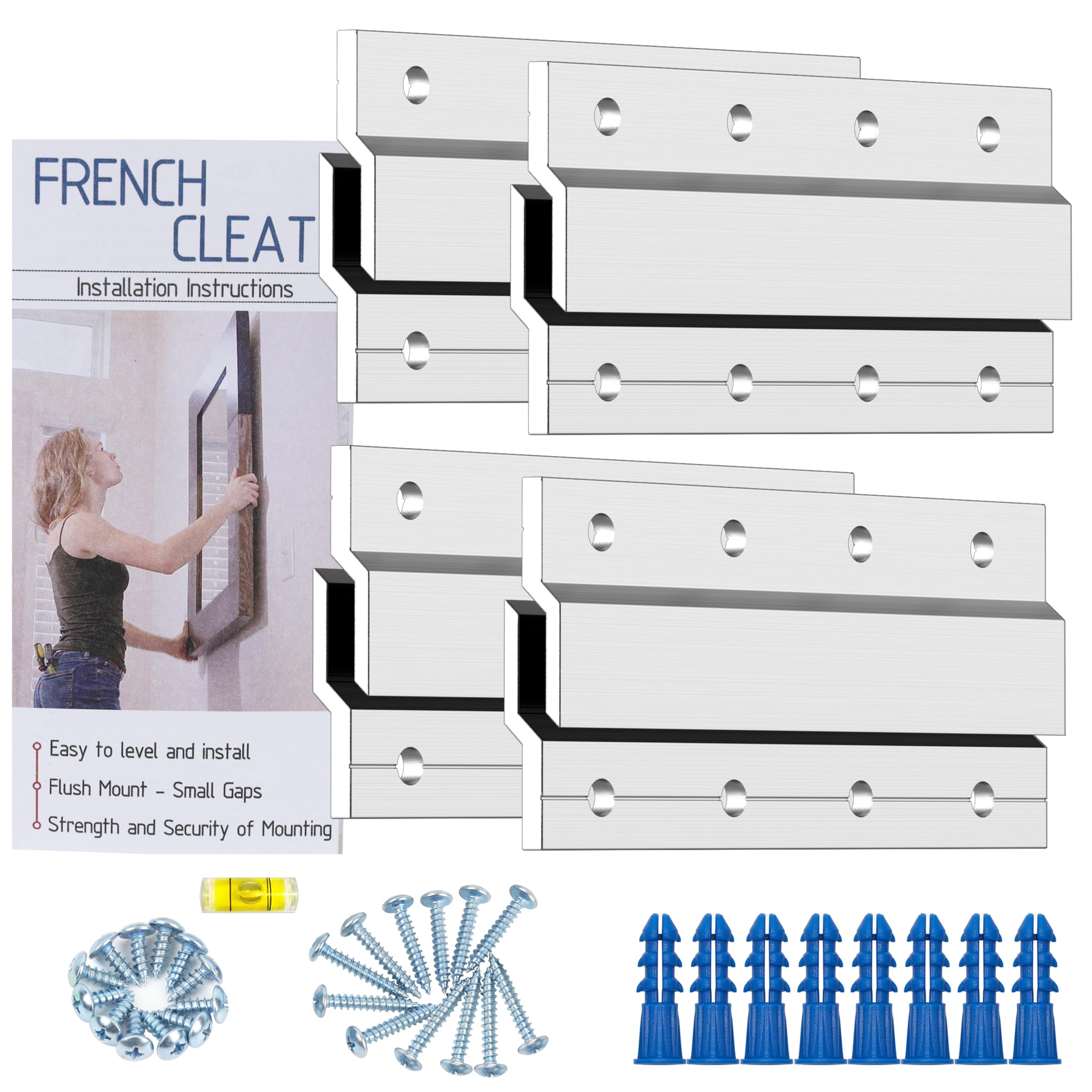 French Cleat Hanger 4 Inch Heavy Duty- 4 Pack - Picture, Mirror, Whiteboard, Cabniet, Shelf, Pallet or Panel Interlocking Wall Mounting Bracket - Aluminum Z Bar Clip Hanger Supports 40 lbs