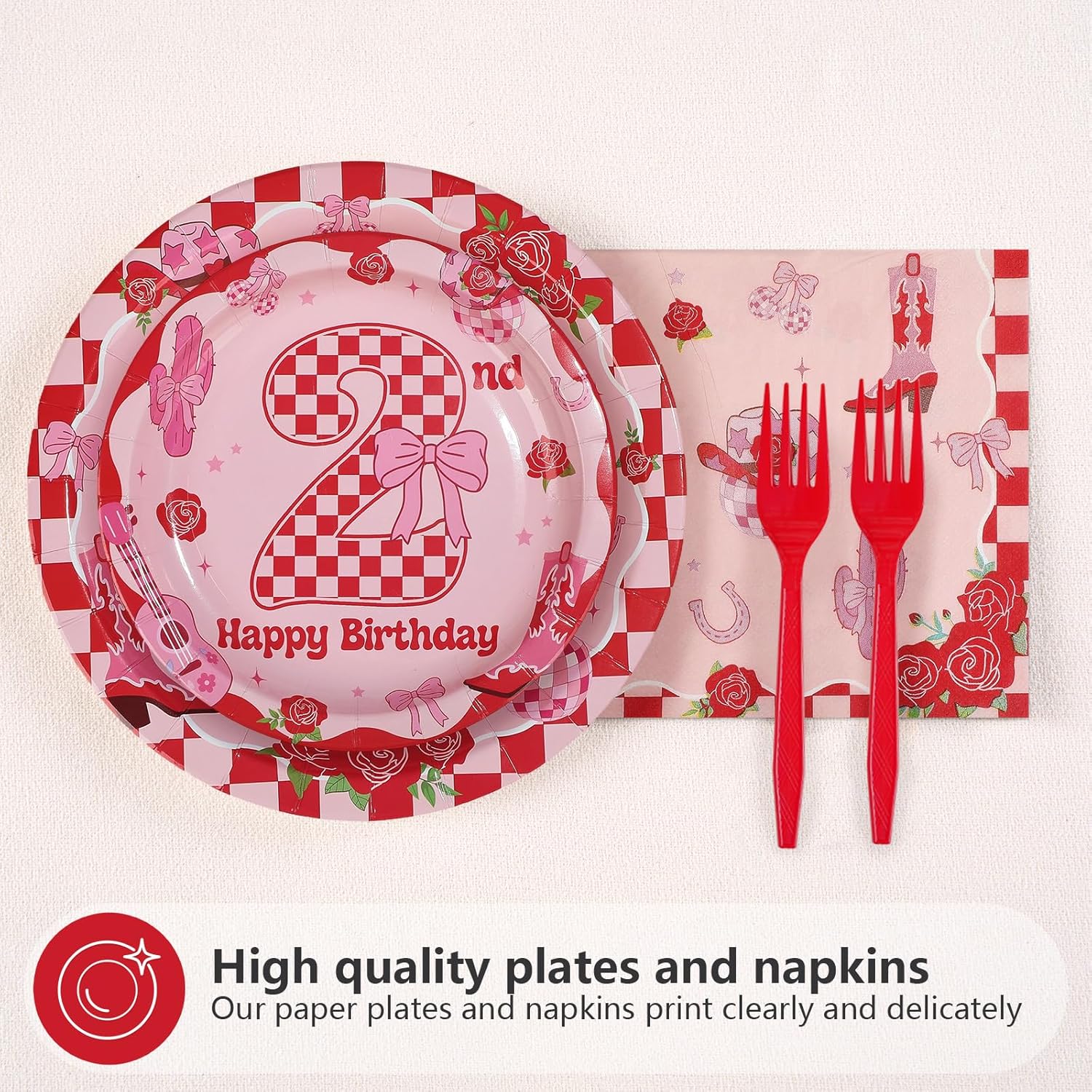 96Pcs Two Dozen Roses Party Supplies Two Dozen Roses 2nd Birthday Plates and Napkins Pink Floral Western Theme Tableware Set for Western Cowgirls 2nd Birthday Party Decorations Serves 24
