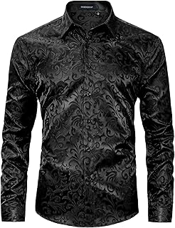 HISDERN Men's Luxury Gold Paisley Printed Shiny Shirts Long Sleeve Button Down Stylish Dress Shirts for Wedding Party Prom