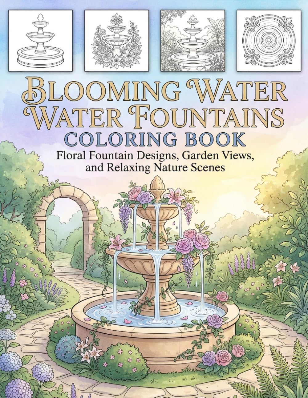 Blooming Water Fountains Coloring Book: Floral Fountain Designs, Garden Views, and Relaxing Nature Scenes