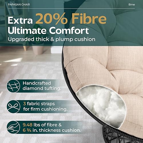 Miniatura 3 de Bme Silla Papasan de mimbre ergonómica de 40" con cojín de tela de densidad suave y gruesa, estructura de acero de alta capacidad, giro de 360