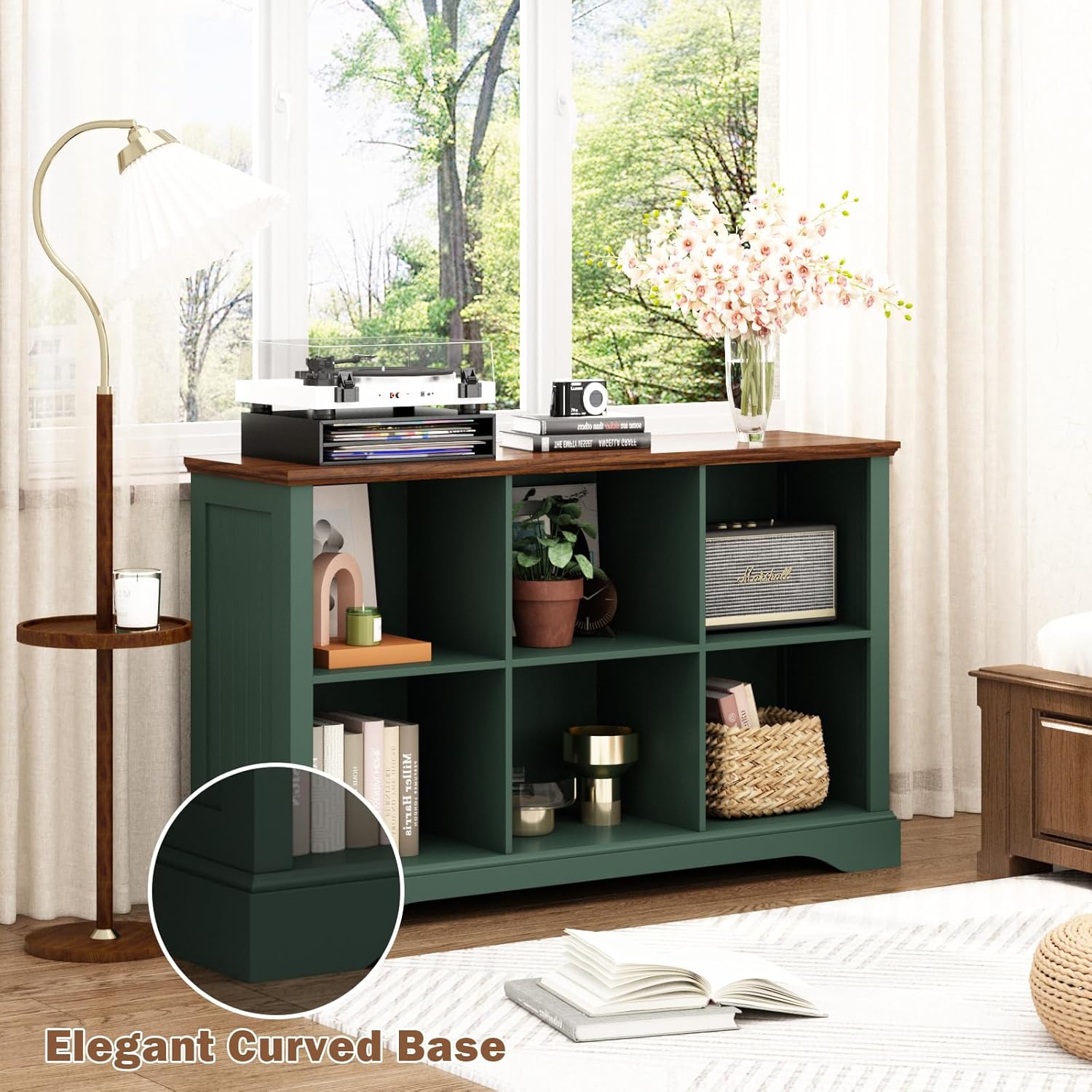 6 Cube Storage Organizer - 47.4" Farmhouse Wood Low Bookshelf, 3 Tier Horizontal Open Shelf Bookcase Cubby Storage Console Cabinet for Living Room, Entryway, Office, Green