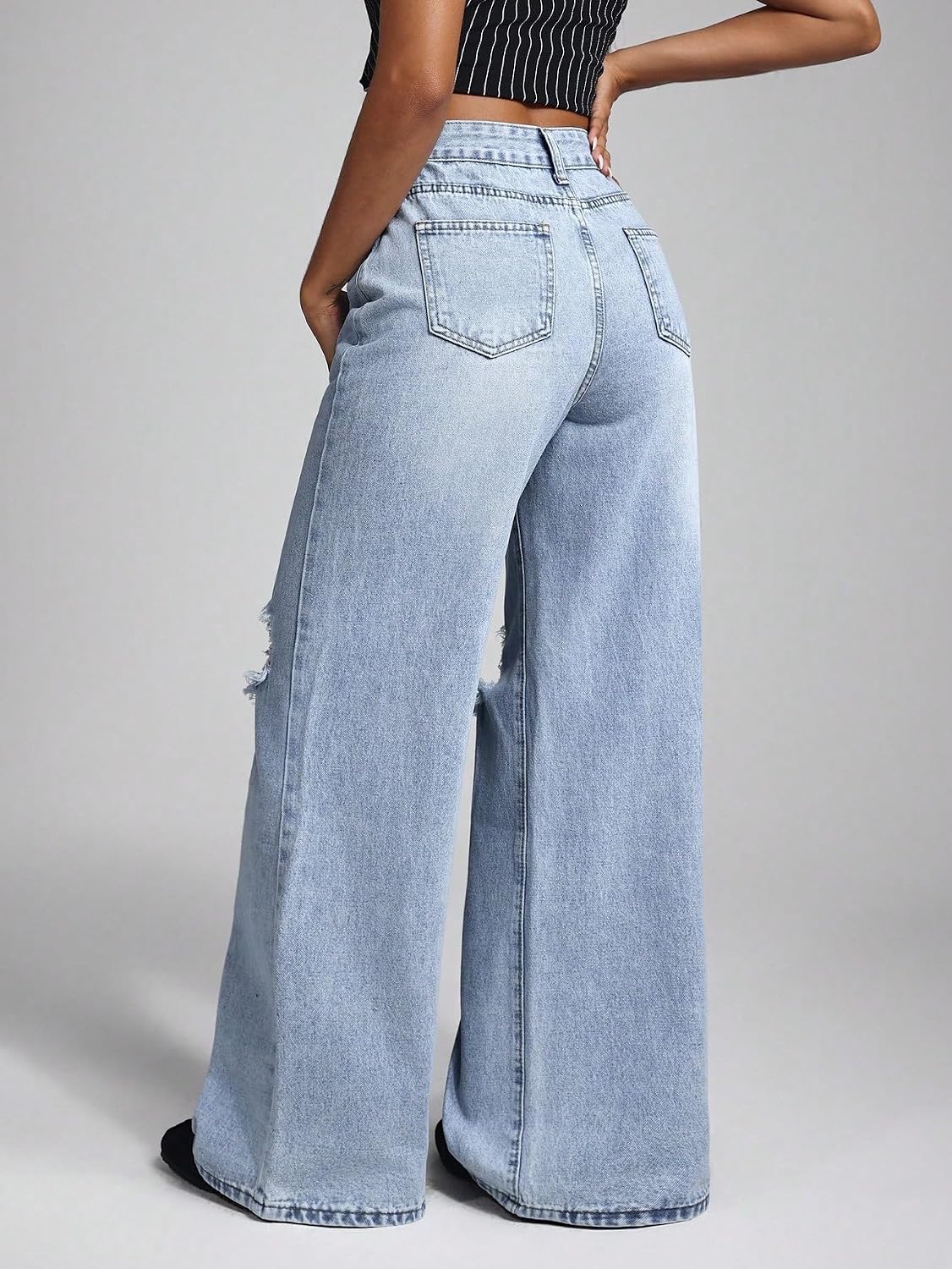 Baggy Jeans Women, High Waist Slant Pocket Ripped Wide Leg Jeans