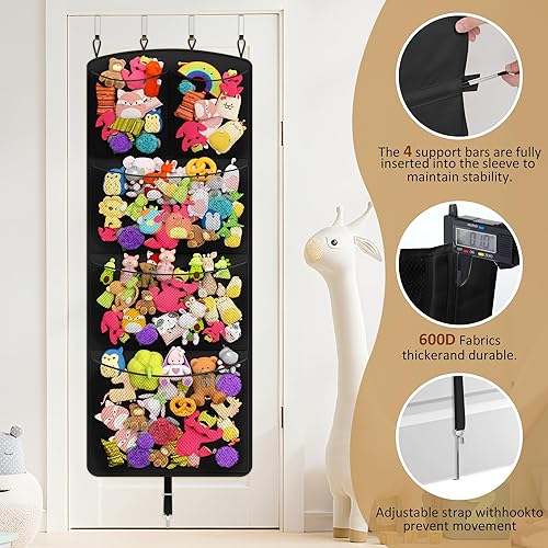 Miniatura 3 de Organizador de juguetes colgantes para almacenamiento de animales de peluche sobre la puerta, almacenamiento de juguetes con ganchos de metal y