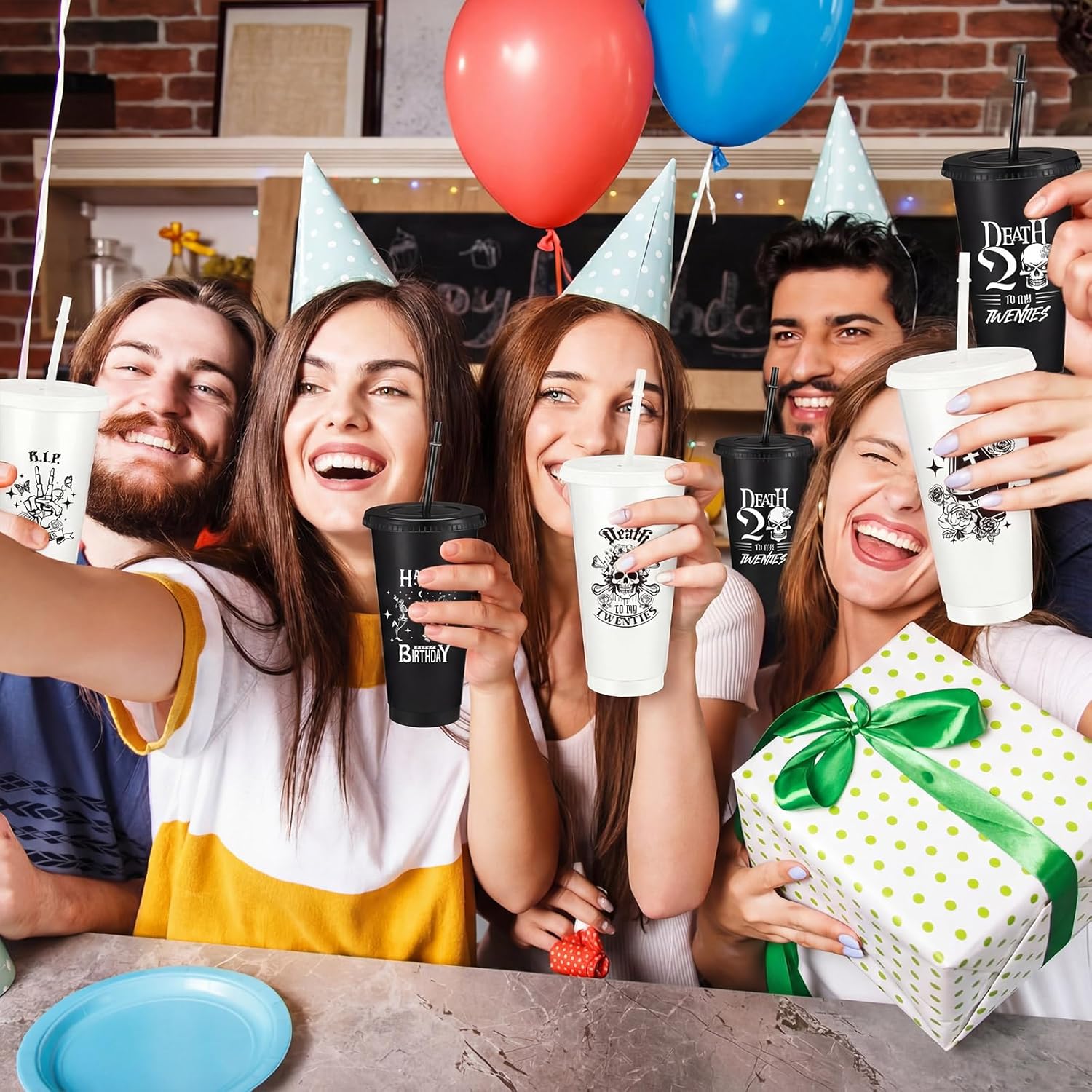 Willinglong 24 Pcs Death to My 20s Party Decorations 24 oz Rip to My 20s Plastic Cups with Straw and Lid Black White Twenties Birthday Supplies for Women Men 30th Birthday Party Decorations