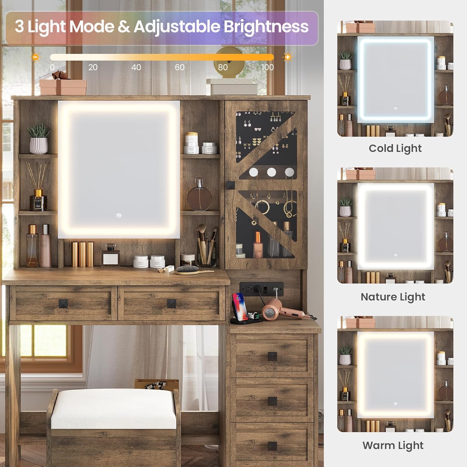 AOGLLATI Farmhouse Vanity Desk with Mirror and Lights, Makeup Vanity Set with Lights & Jewelry Cabinet & 5 Drawers, Vanity Table with Charging Station, Hidden Storage Space for Bedroom, Brown