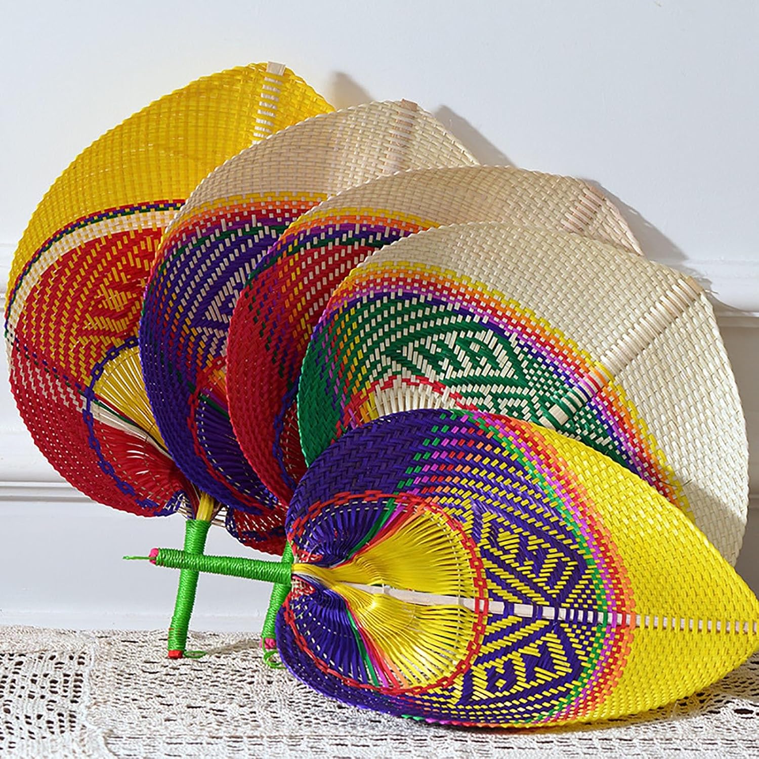 Woven Handmade Straw Fan Hand-Woven Handheld Fan Summer Hand Fan Natural Bamboo Hand Riffia Fans Handmade Weaving(B) image 5
