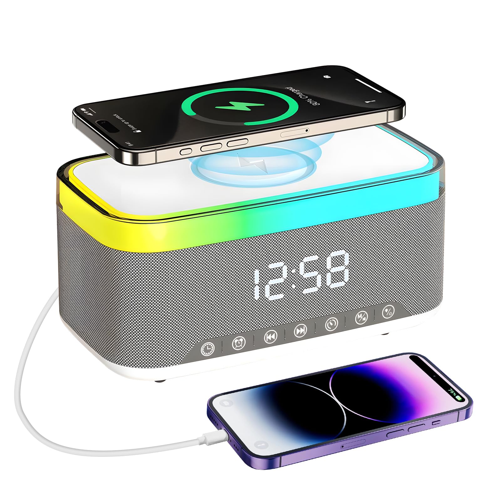 Suewidfay Radio Alarm Clock Bedside, Alarm Clock with 15W Wireless Charging, Bluetooth Speaker, Fast Qi Wireless Charger, 13 LED lighting Effects, FM Radio, USB Charging Port, for Bedroom, Desk