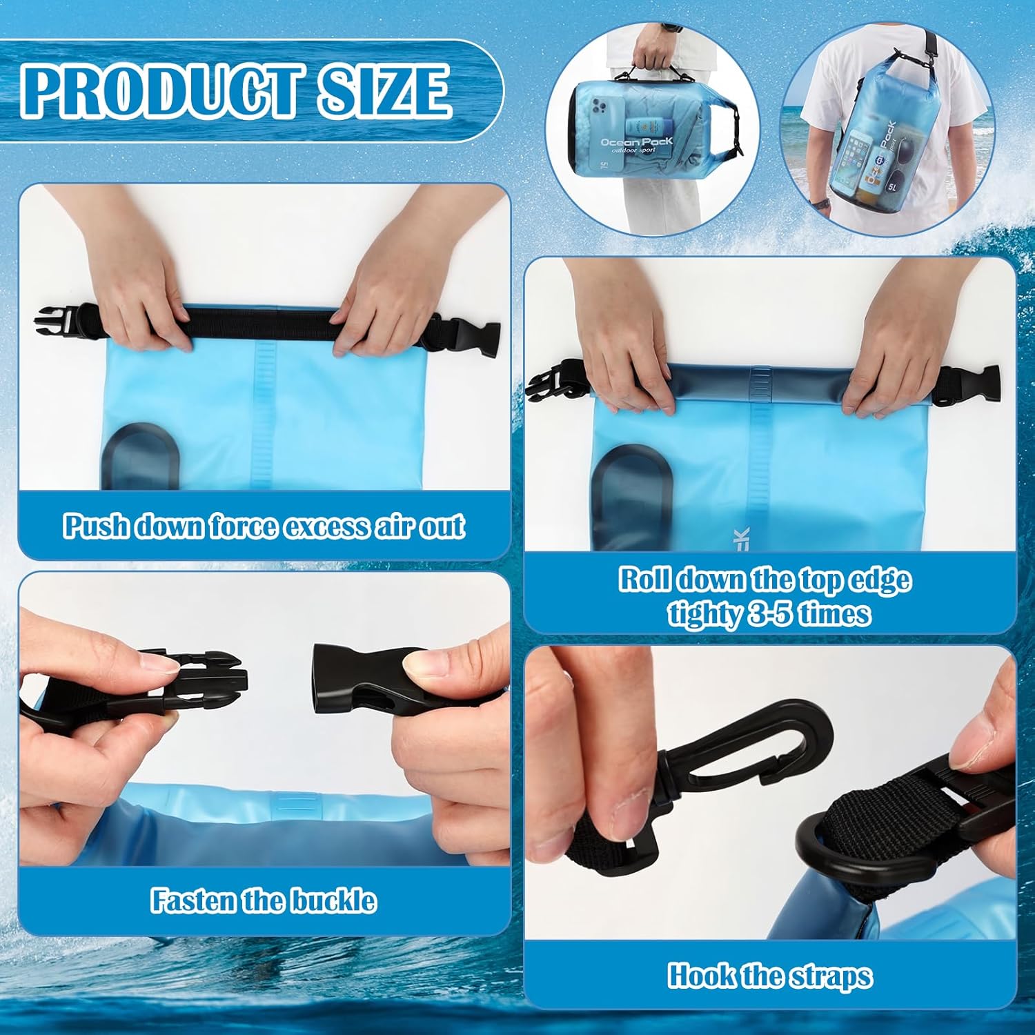 Thinkday 3 Pcs Paddle Board Accessories Include 5L Waterproof Dry Bag for Women Men 2-in-1 Paddleboard Cup Holder Waterproof Phone Case Roll Top Lightweight Storage Bag for SUP Kayak Boat (Blue)