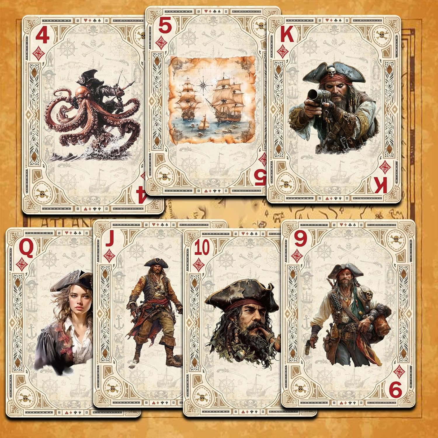 Pirate Retro Style Poker Cards, Playing Cards, Pirate Series NO.12, 54 Unique Illustrations Playing Card, Double-Sided Anti Slip Pattern Design, Suitable for Collection and Gift.