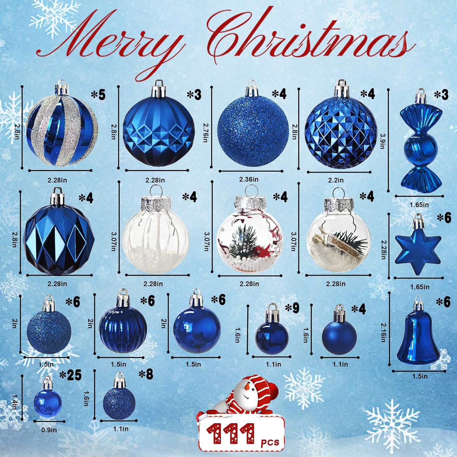 ILLUMINEW 111-Pack Christmas Balls Ornaments,Assorted Shatterproof Christmas Ornaments Set, Luxurious Hanging Pendants Package for Christmas Tree Party Holiday Indoor Decor (111Pcs-Blue)