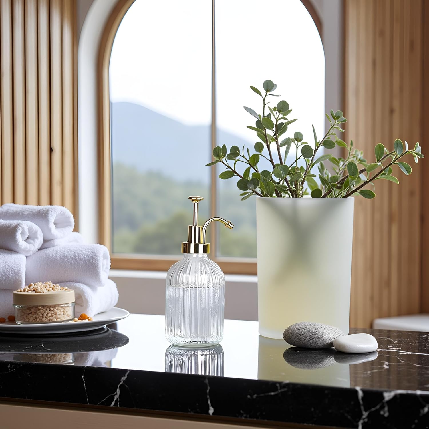 Glass Pump Soap Dispenser, 350ML Kitchen Hand Soap Dispenser Sour Cream Dispenser Rustproof Pump Dispenser for Kitchen Bathroom (Translucen Gold Bar) - Image 3