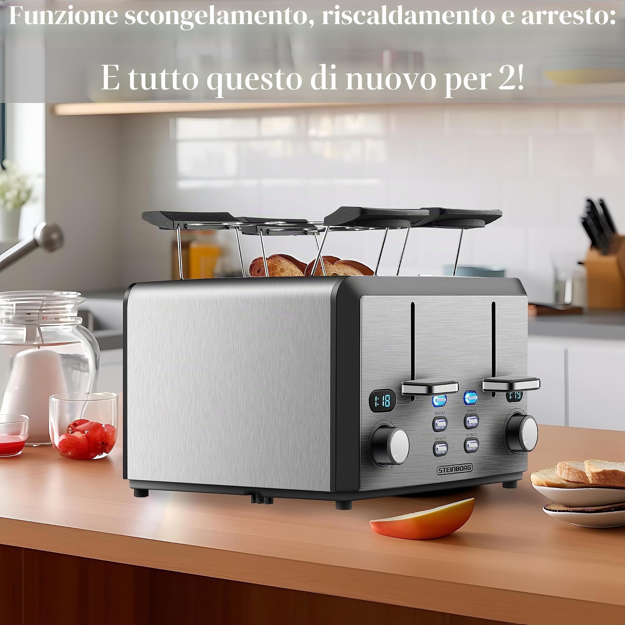 Tostapane XXL con 4 fessure per tostapane | 1600 Watt | 6 livelli | 2 x inserti per panini | funzione scongelamento | 2 x cassetti per briciole | acciaio inox | 4 strati | display LED
