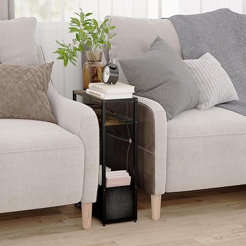 Miniatura 6 de Mesa auxiliar estrecha de 15.7 pulgadas, mesita de noche delgada con estante de almacenamiento y cesta, mesa auxiliar que ahorra espacio para
