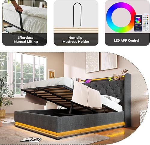 Miniatura 69 de Base de cama LED tapizada tamaño Queen, plataforma flotante de terciopelo con cabecero, MDF moderna y cama de madera contrachapada (beige-081)