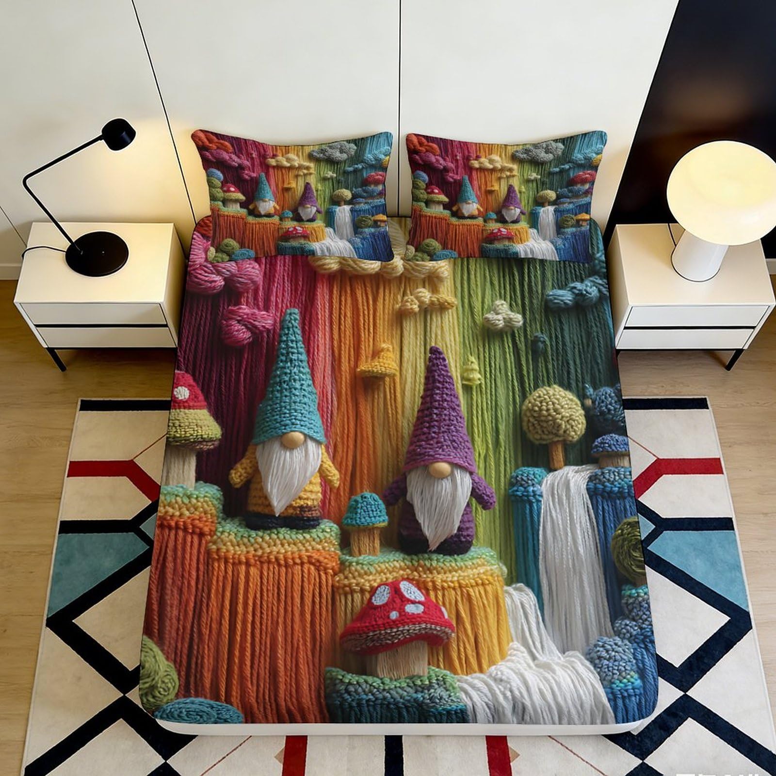 Uxinyoume Style-9 3D Printed Rainbow Gnome Fitted Sheet Microfiber Colorful Forest Bed Cover For Bedroom Dorm Mattress Protection Decor 90X200x25cm