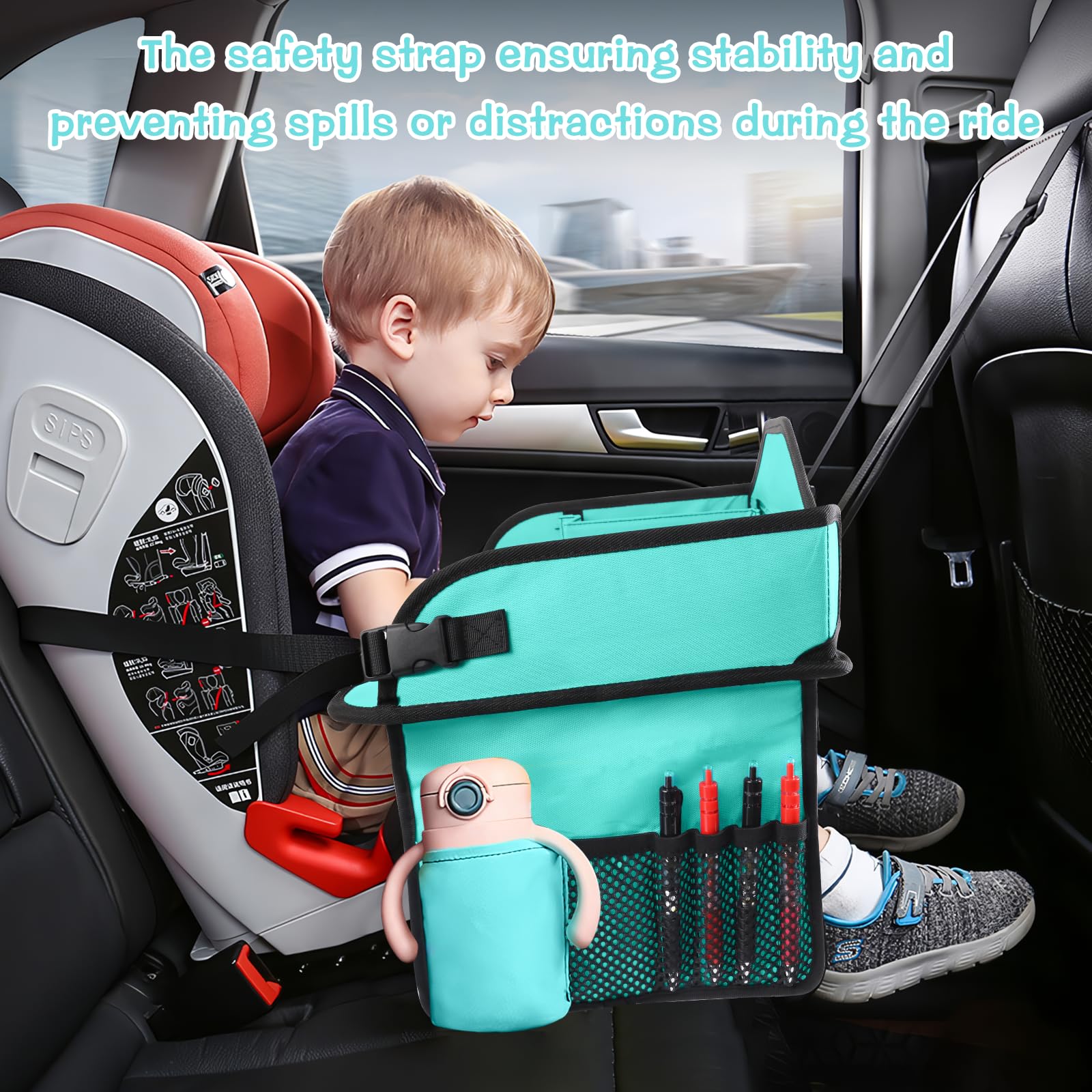 HNCY Vassoio da Viaggio, Tavolino Bambini da Seggiolino Auto con Lavagna da Disegno, Organizzatore per Seggiolino Auto con Scomparti Multiuso, Kids Travel Tray Facile da Pulire (Auto)