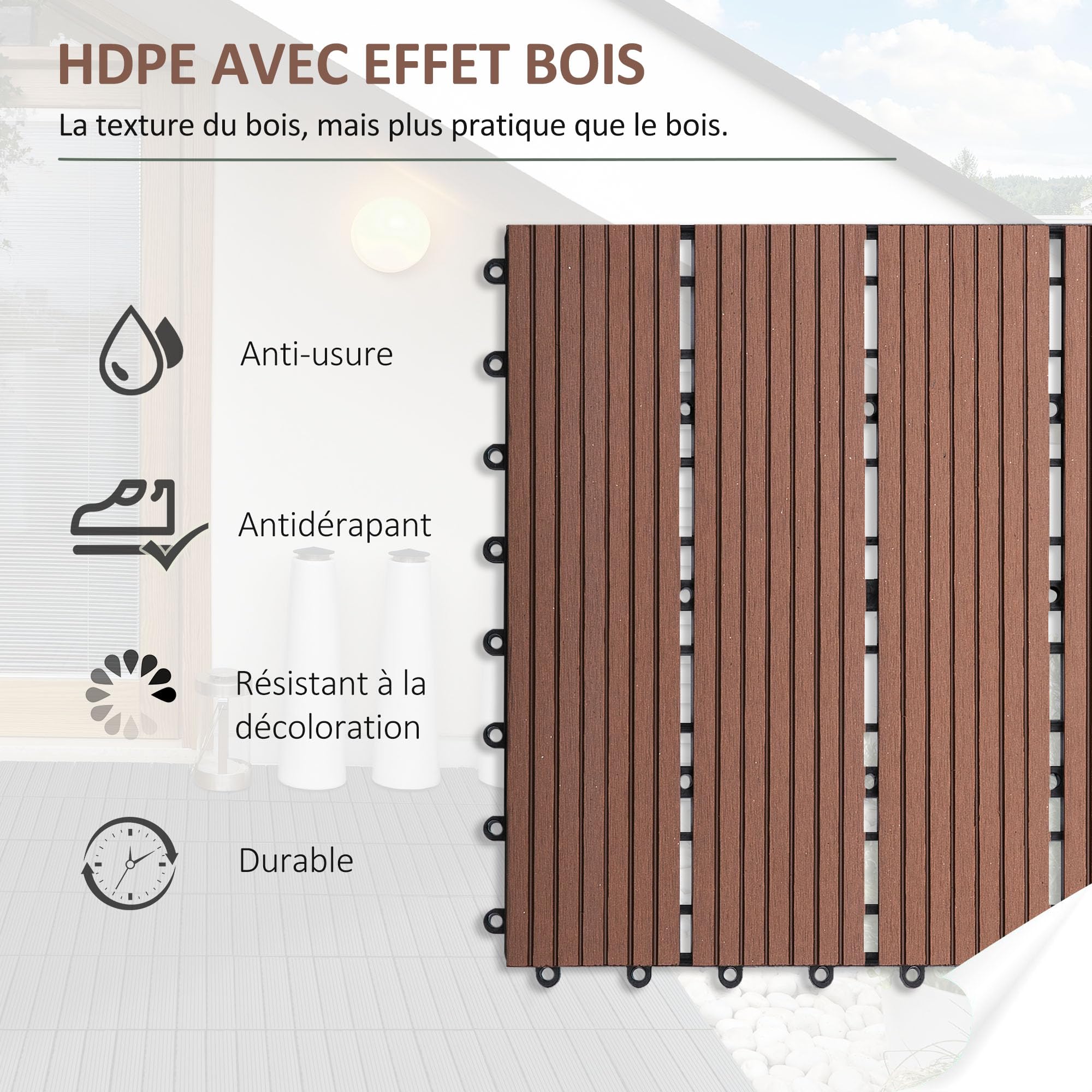 Outsunny Lot de 11 Dalles de Jardin Piscine, 30 x 30 x 2,2 cm, Dalle Clipsable Antidérapante et Résistante aux Intempéries, pour Jardin, Balcon, en HDPE, Marron Clair