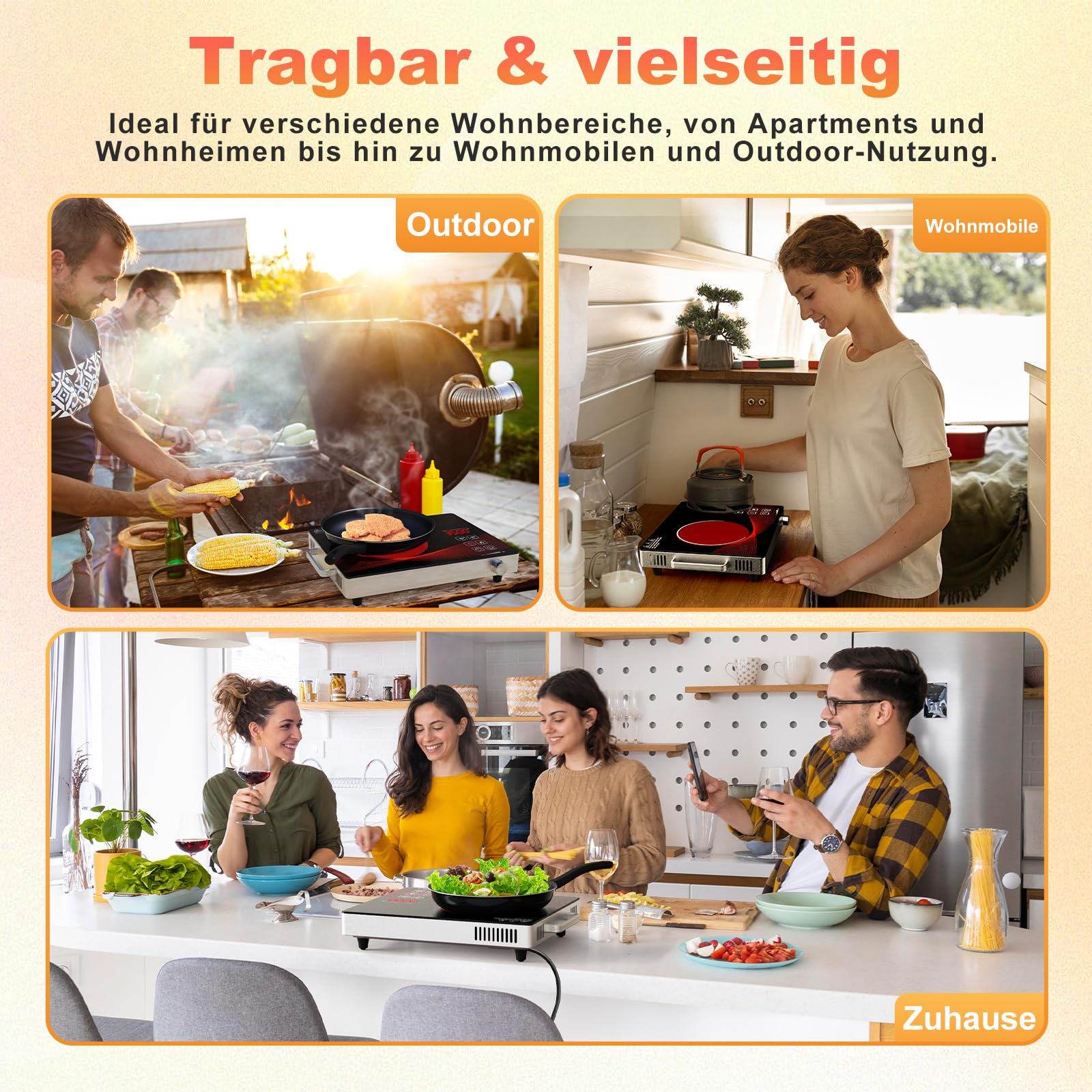 Glaskeramik Kochplatte 1 Platte Tragbar, Keramik Kochfeld Kochplatte 1er, Elektrisch Herdplatte mit Stecker, 18 Leistungsstufen, Timer, Kindersicherung, 2200W, 220-240V
