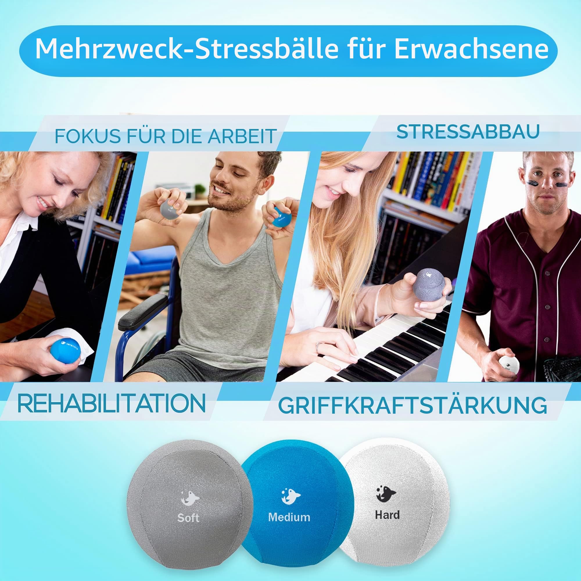 Serenilite Handtrainer Therapie Stressbälle - Einfarbige, Squishy Grip Stärkungssensorikbälle für Erwachsene - Übung & Stressabbau