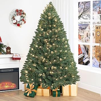Naomi Home Prague 6.5ft Prelit Artificial Christmas Tree with Foot Pedal, 1197 Branch Tips, 450 Warm Lights and Metal Stand, 49" Wide Realistic Spruce Christmas Tree with Lights
