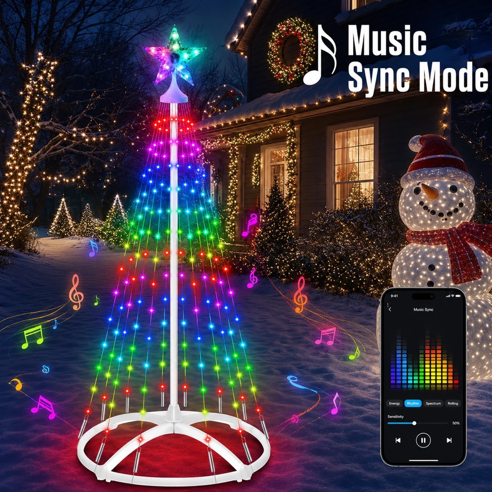 Albero di Natale a Cono LED Smart con Puntale a Stella RGB per Giardino