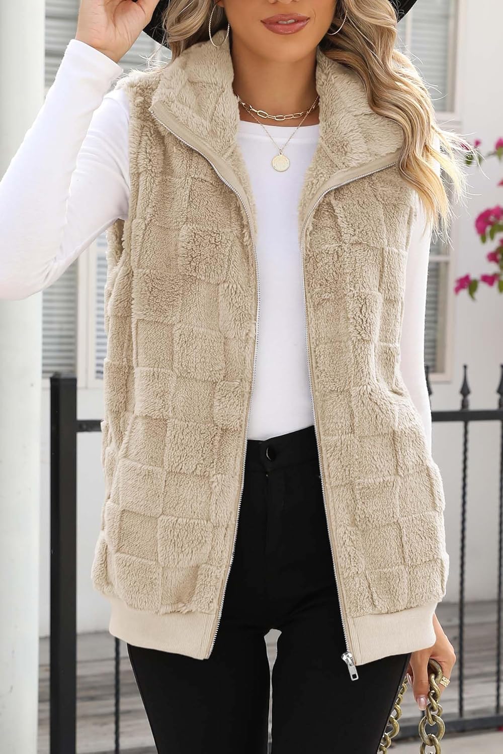 ReachMe Womens Fleece Sherpa Vest Winter Sleeveless Fuzzy Fluffy Checkered Plaid Vest Zip Up Jacket with Pockets - Image 5