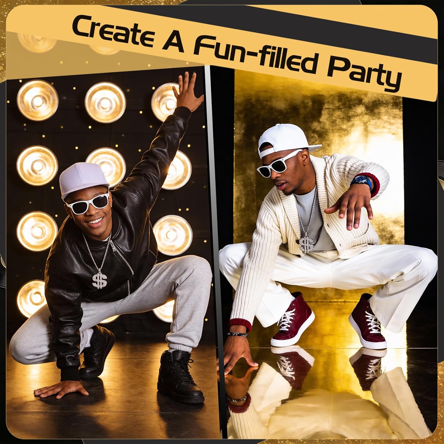 JATEBI 80s 90s Hip Hop Costume Kit Rapper Accessories Outfits with Caps Glasses Necklaces Pens for Cosplay Club Old School Themed Party Supplies - Image 6