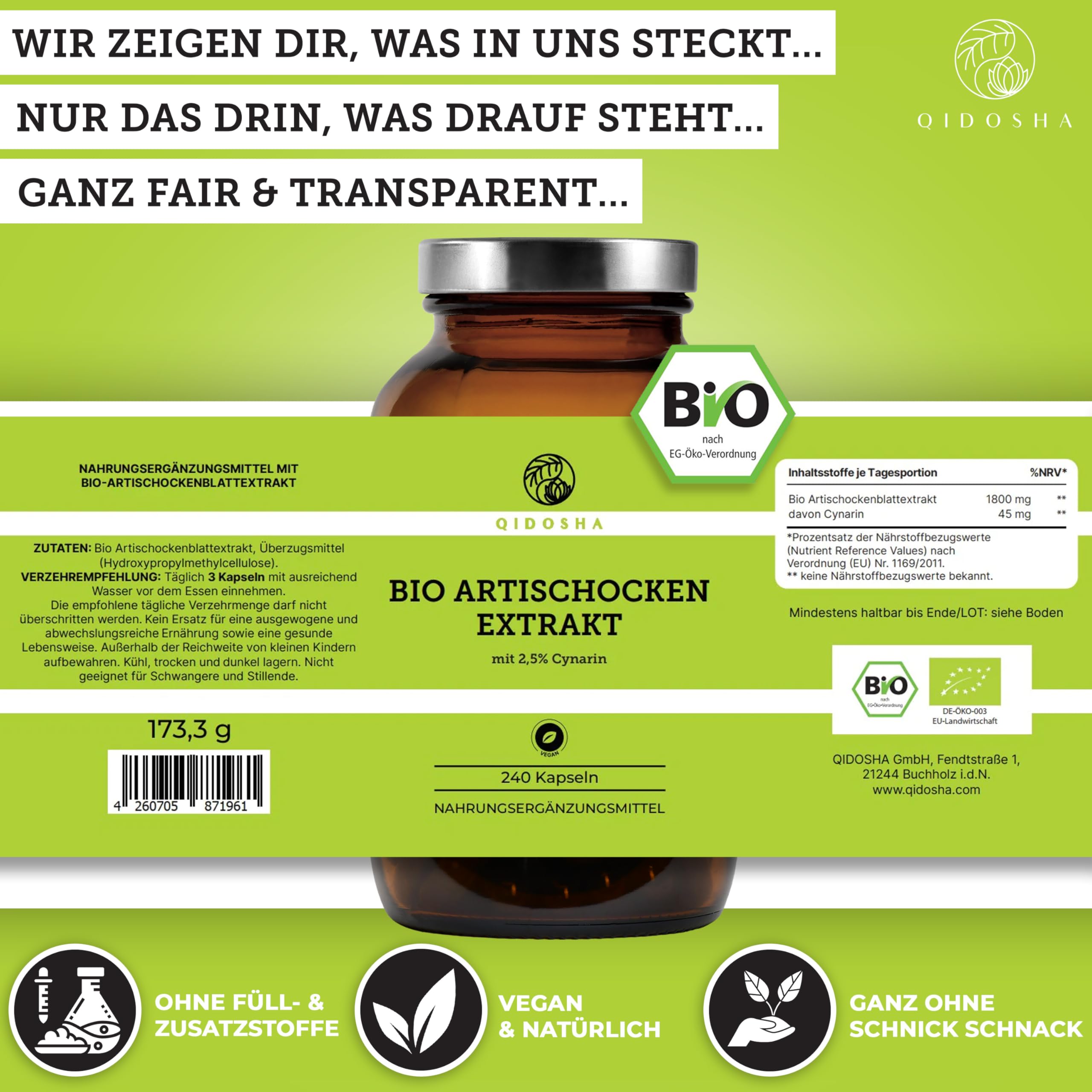 QIDOSHA® Bio Artischocken-Extrakt aus Frankreich, 240 Kapseln im Apothekerglas, 1800mg je Tagesportion, 600mg je Kapsel, mit 2,5% Cynarin, deutsche Fertigung, jede Charge laborgeprüft