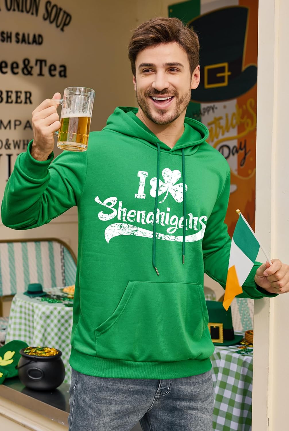 Arvilhill Men's St Patrick's Hoodie Shamrock Irish Hooded Sweatshirt with Kangaroo Pocket