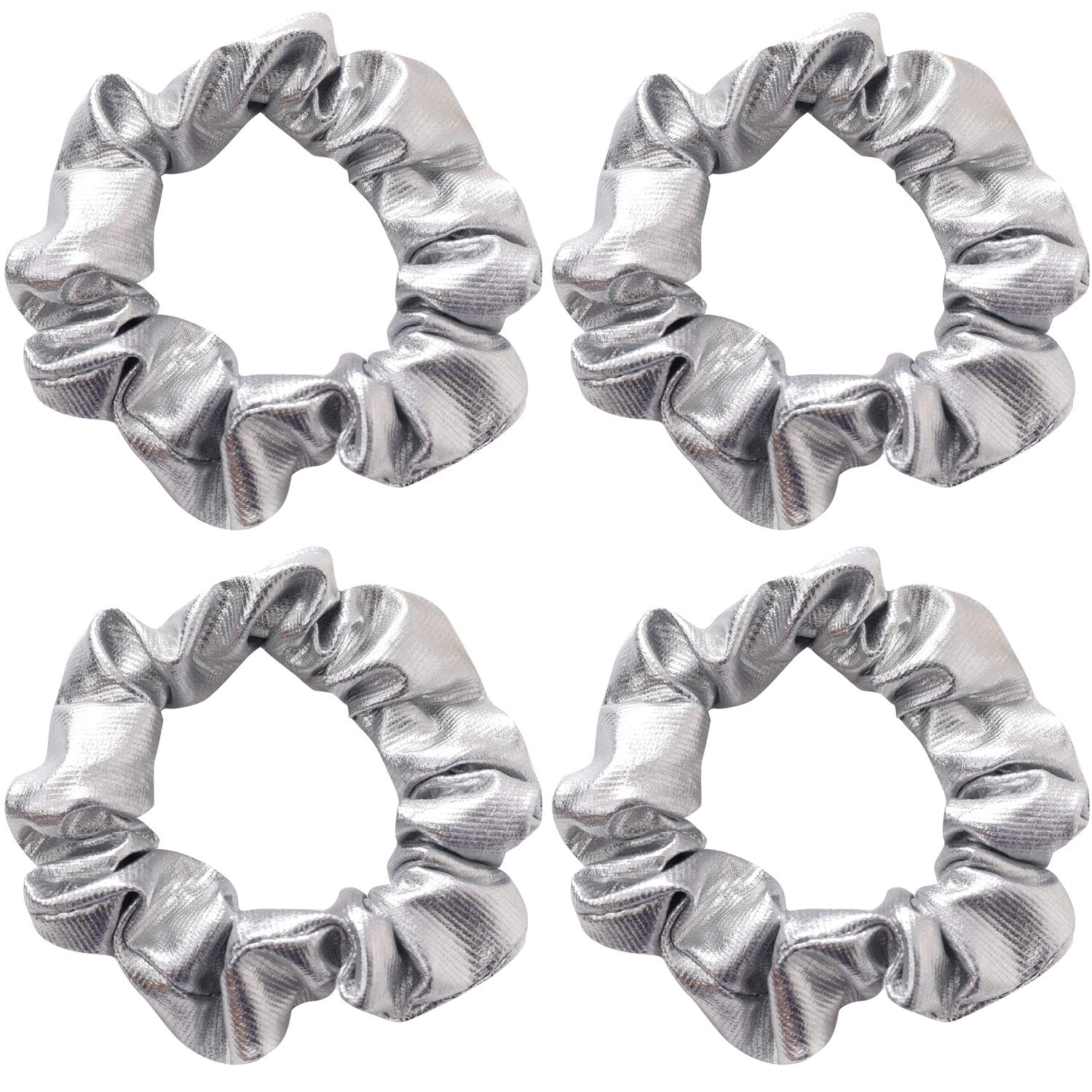 4 Pack Gold or Silver Metallic Leather Hair Scrunchies Hair Ties Hair Eleastic Bands Scrunchy Hair Ties Ropes Ponytail Holders Wrist Bands for Girls School,Dance,Stage (Silver)