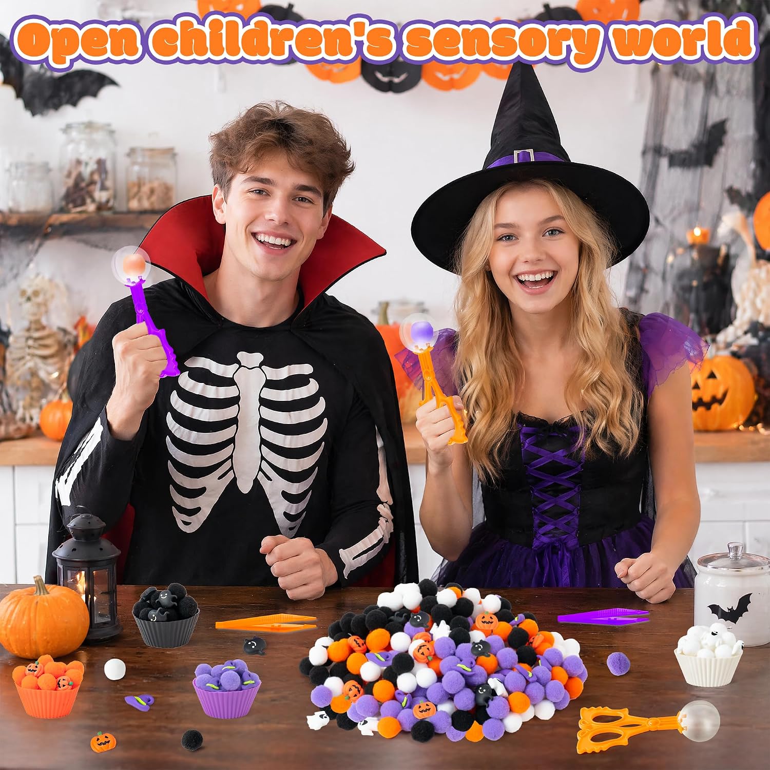Halloween Sensory Bin Fillers, 295Pcs Colorful Fine Motor Set | Halloween Counting Sorting Gifts, Plastic Pumpkin Ghost Felt Pom Poms, Teen Students Adults, School Education Activities