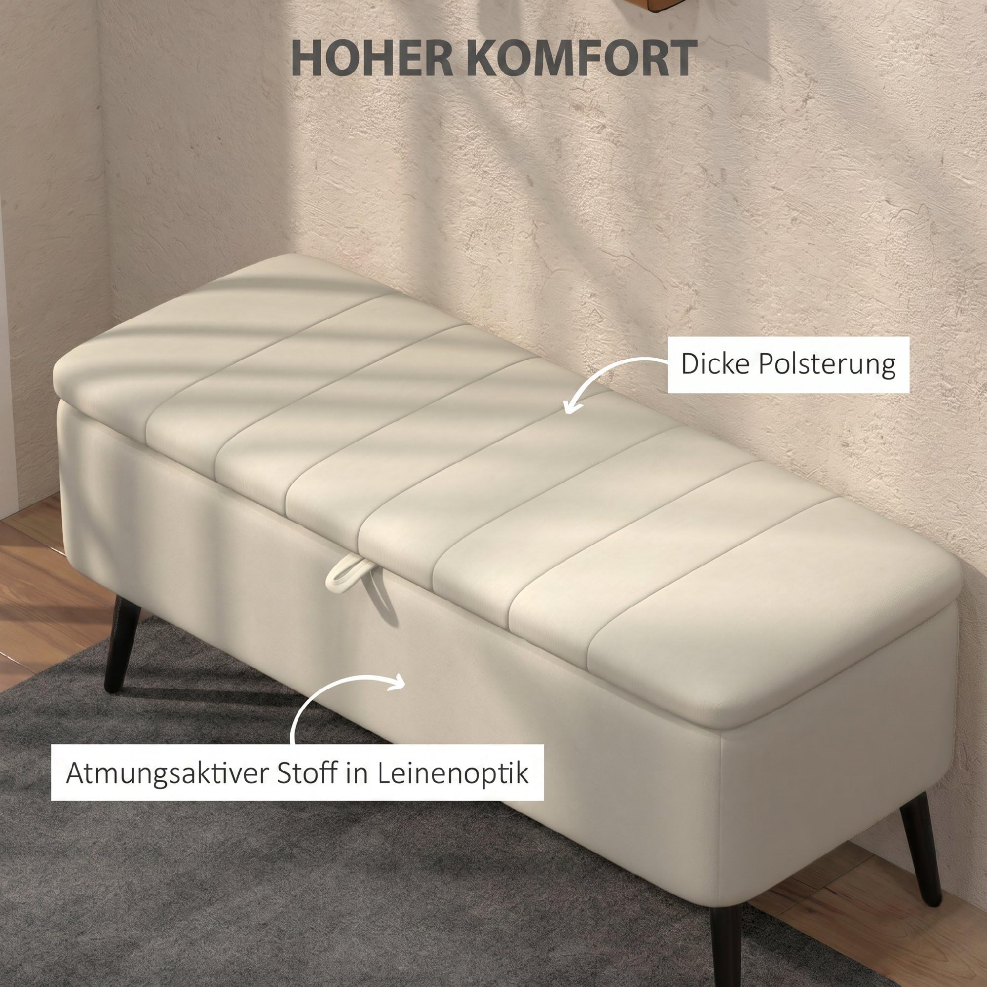 HOMCOM Sitzbank mit Stauraum mit Leinenoptik 102 x 40 x 44 cm Cremeweiß