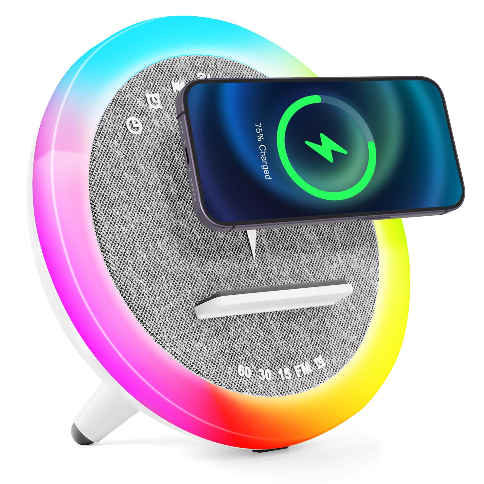 Lampe chargeur sans fil, Réveil avec chargeur à induction, Haut-parleur Bluetooth éclairage ambiant synchronisé avec la musique, Réveil numérique, pour lit/salon