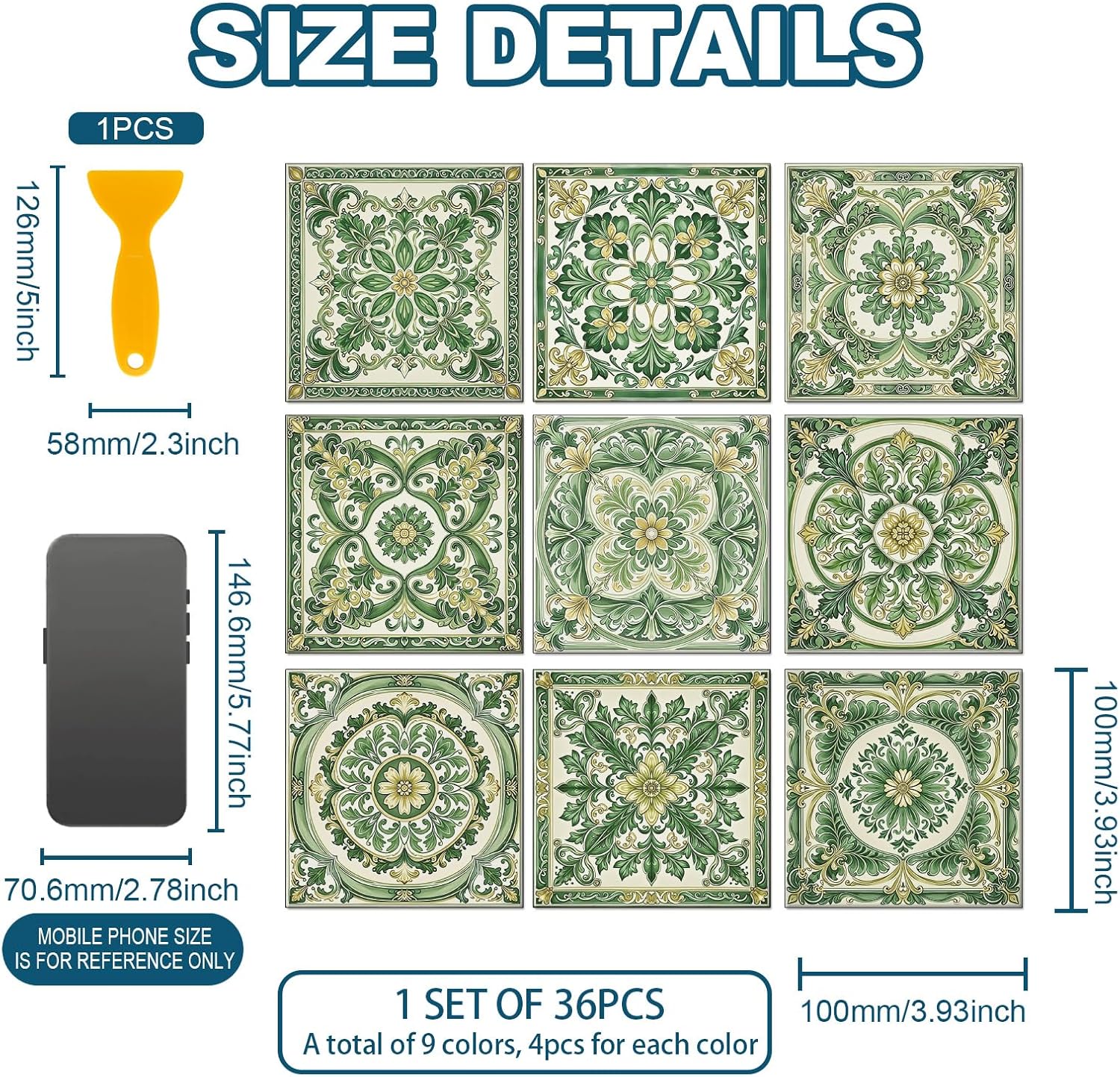 36 Pcs 9 Styles Retro Green Flowers Patten Tile Sticker Datura Flowers Patten Wall Tile Stickers Waterproof Self Adhesive Stick on Decals for Kitchen Bathroom Wall Art 4×4 Inch
