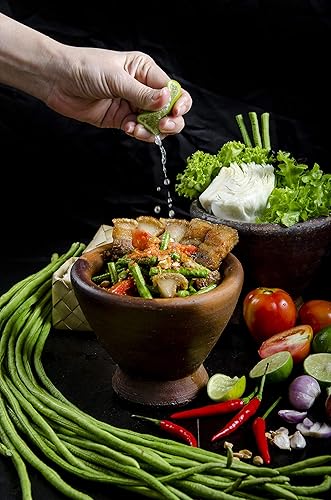 Miniatura 2 de Tamaño 8 pulgadas Mortero Kruk de madera con maja molienda loza cerámica papaya ensalada Somtum mezclador Utensilios de cocina Menú de alimentos