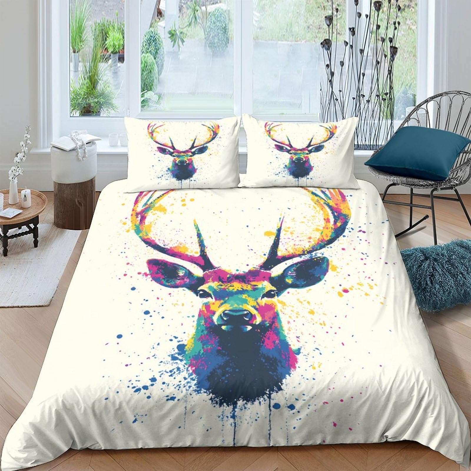 Ctjqhvkz Style-9 3D Printed Colorful Stag Fitted Sheet Microfiber Soft Breathable Abstract Deer Mattress Cover For Bedroom Dorm Room Decor Single（135X200cm）