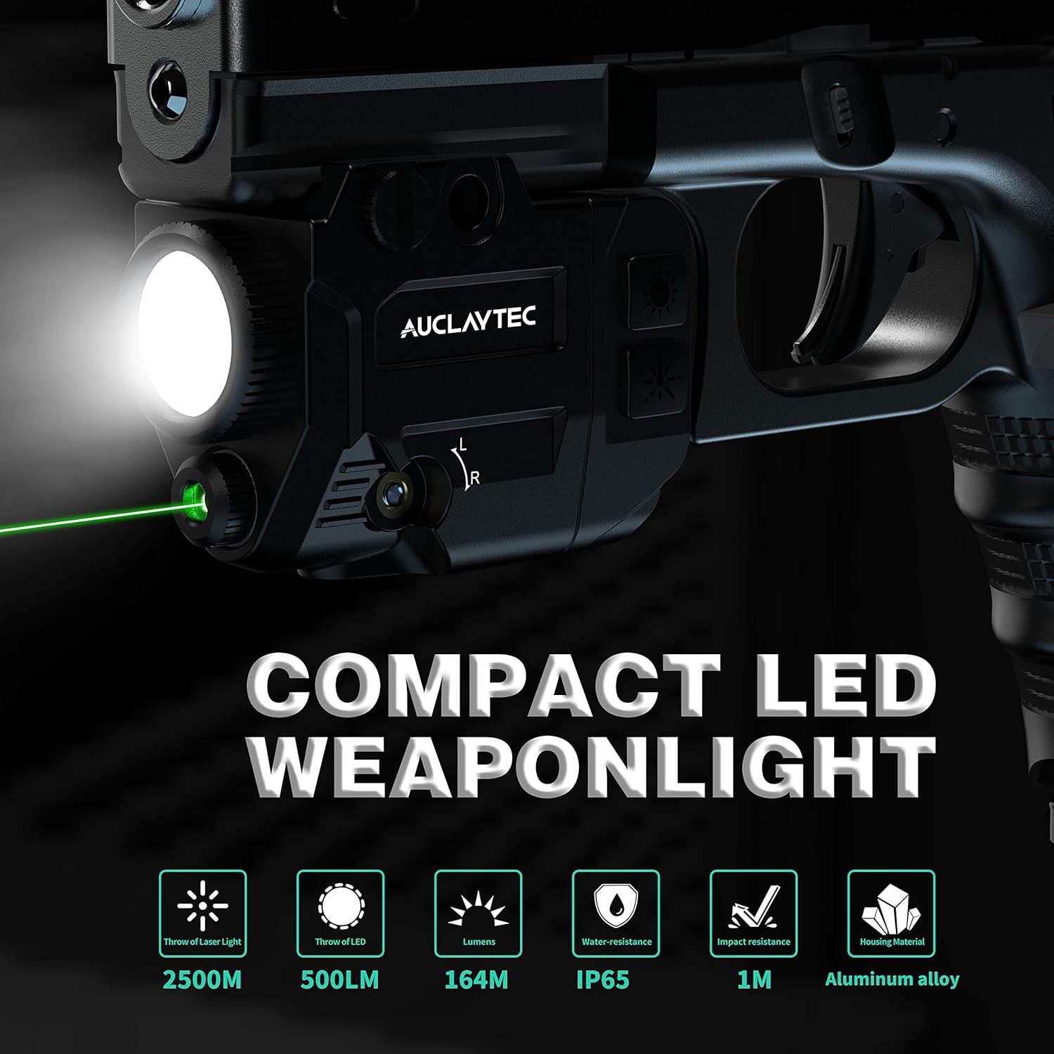 AUCLAYTEC Tactical Flashlight with Laser Sight Combo with Magnetic Charging, 500 Lumen Strobe for Glock or Picatinny (MIL-STD-1913) Rails Pistol Light（Green Laser）
