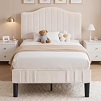 VECELO Twin Upholstered Platform Bed Frame with Adjustable Teddy Headboard, Noise-Free Wood Slats, 7.9" Storage, 600lbs Support - Beige