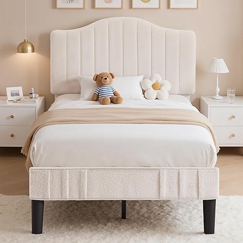 VECELO Base de cama individual tapizada con cabecera de tela de peluche ajustable en altura, listones de madera fuertes que soportan 7.9 pulgadas