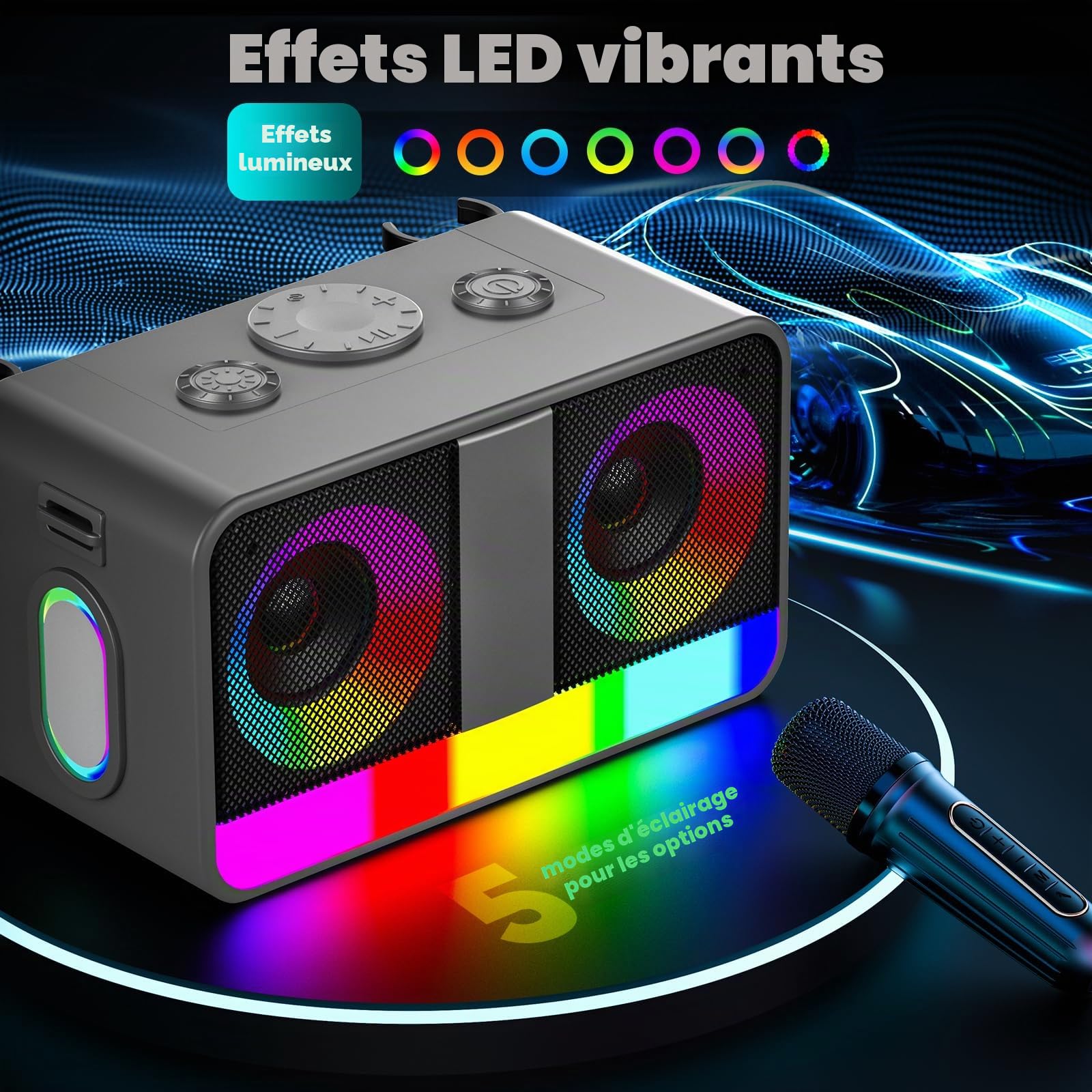 Karaoké Haut-Parleur Portable 35W Réel, Autonomie de 8 Heures, 2 Microphones sans Fil Rechargeables, LED, Machine de Karaoké pour Adultes et Enfants, (CHJ171-Silvergray)