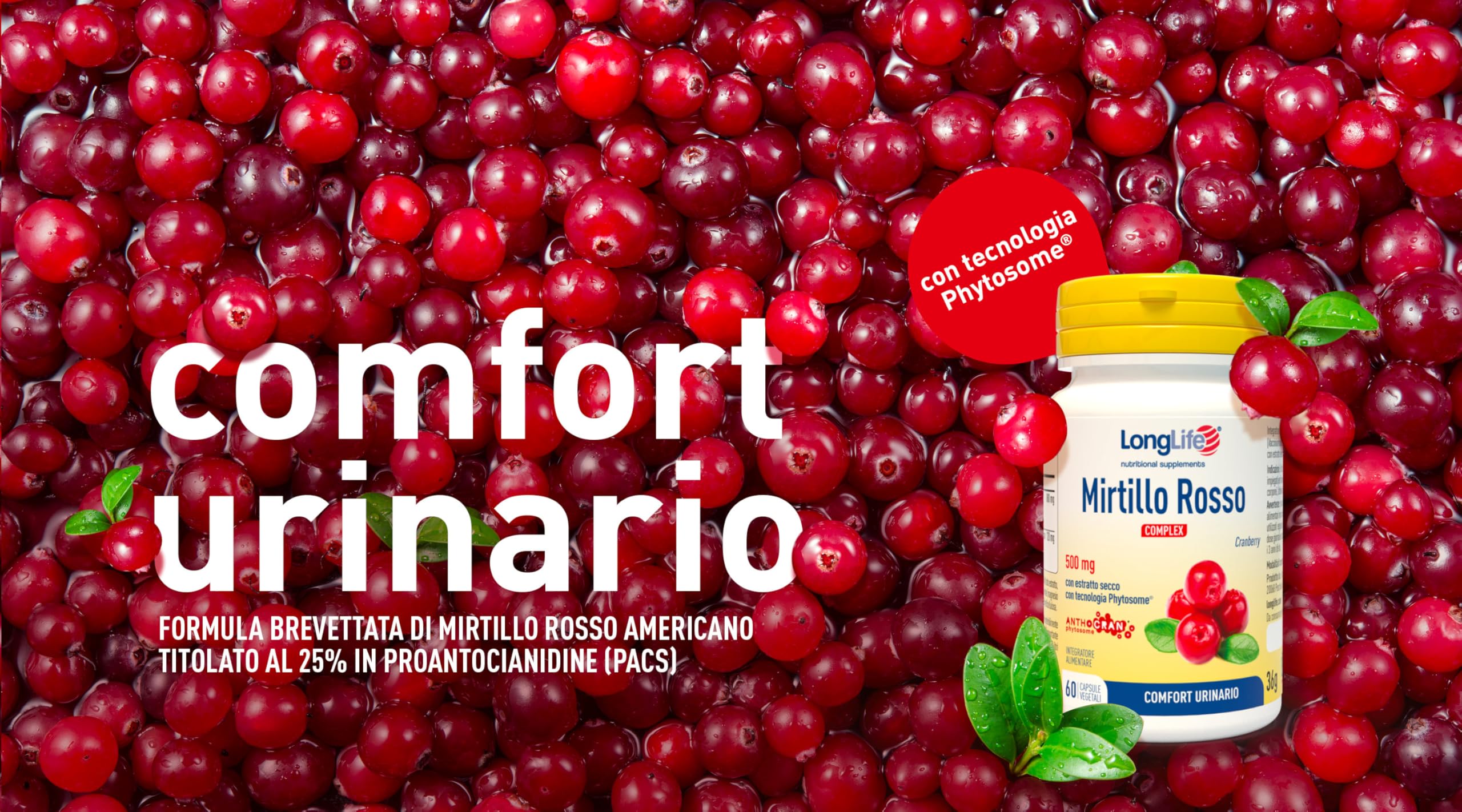 LongLife® Mirtillo Rosso Complex | Comfort urinario | Funzione depurativa e antiossidante | 1 mese di trattamento | Vegano e senza glutine