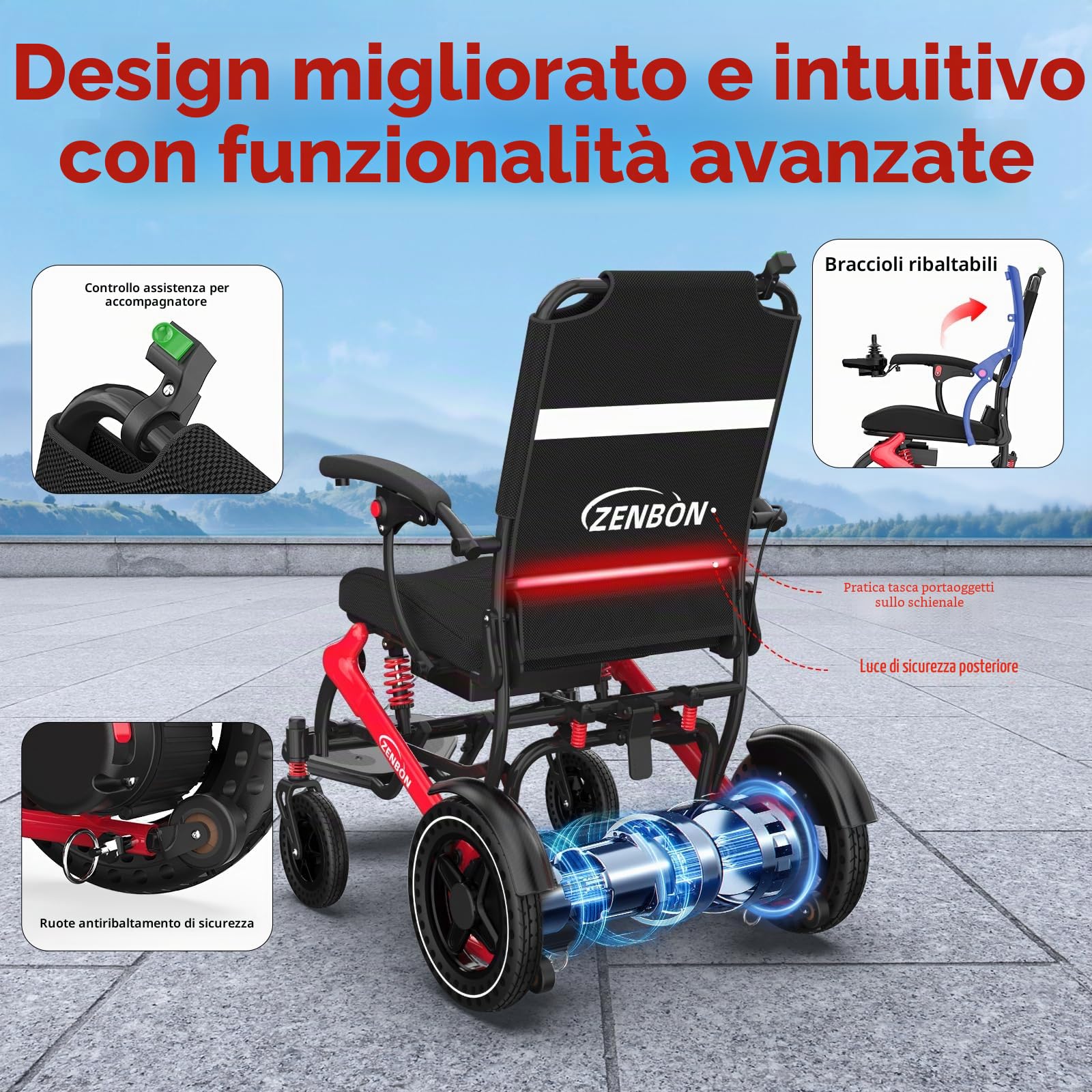 Sedia a rotelle elettrica pieghevole leggera 17,8 kg: Sedia a rotelle elettrica con telecomando e pulsante di spinta posteriore - Sedia a rotelle elettrica fuoristrada pieghevole 150 kg