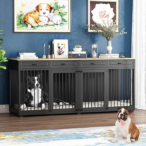 Miniatura 8 de Mueble para perros de madera resistente de 72 pulgadas con cajones y divisor, estilo mueble de interior con habitaciones dobles para perros grandes