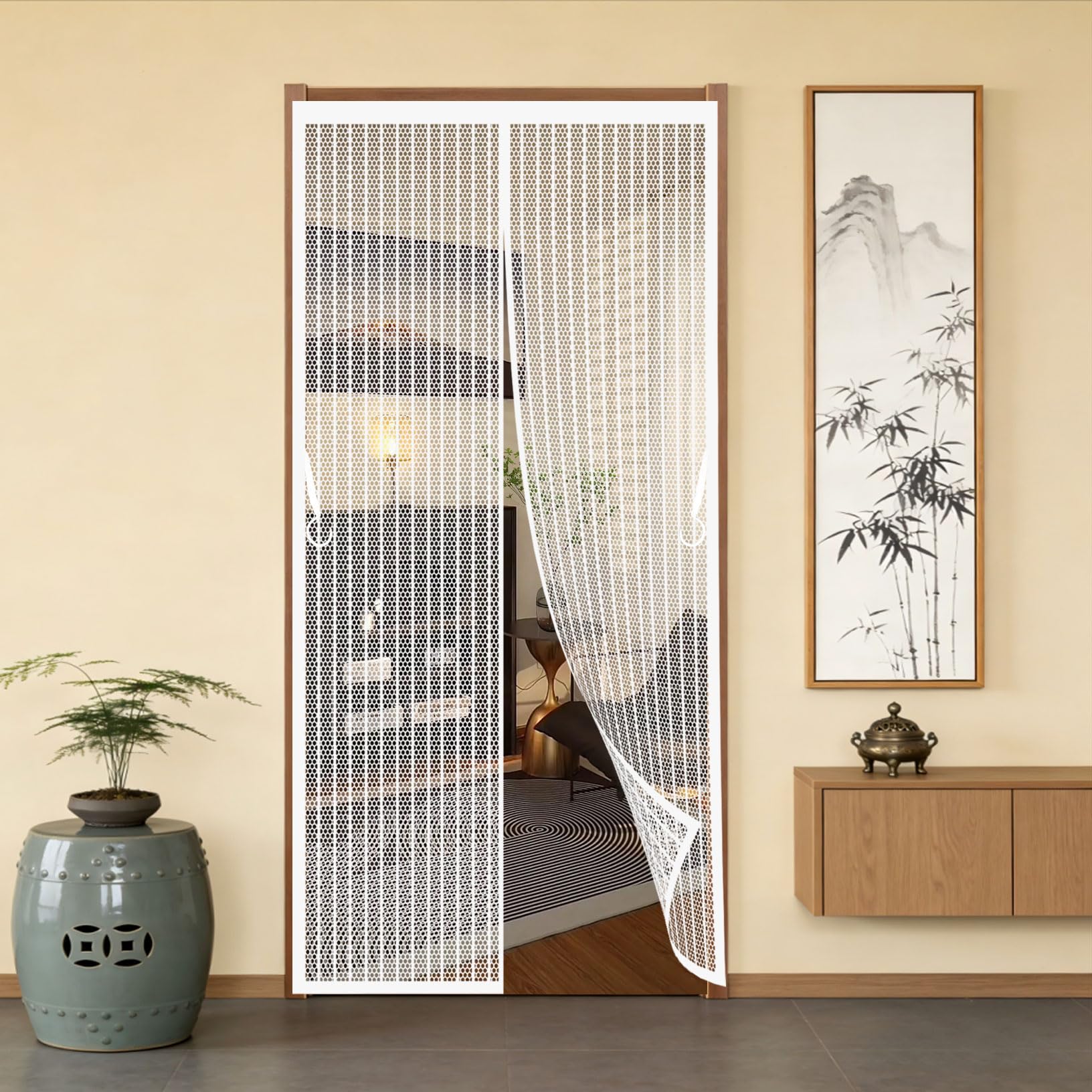 Magnetic Screen Door 90 x 165 cm with Powerful Magnets and Full Frame Magic Tape Insect Protection Door Self Sealing No Gap, Pet-Friendly for Home, Office and Store, White