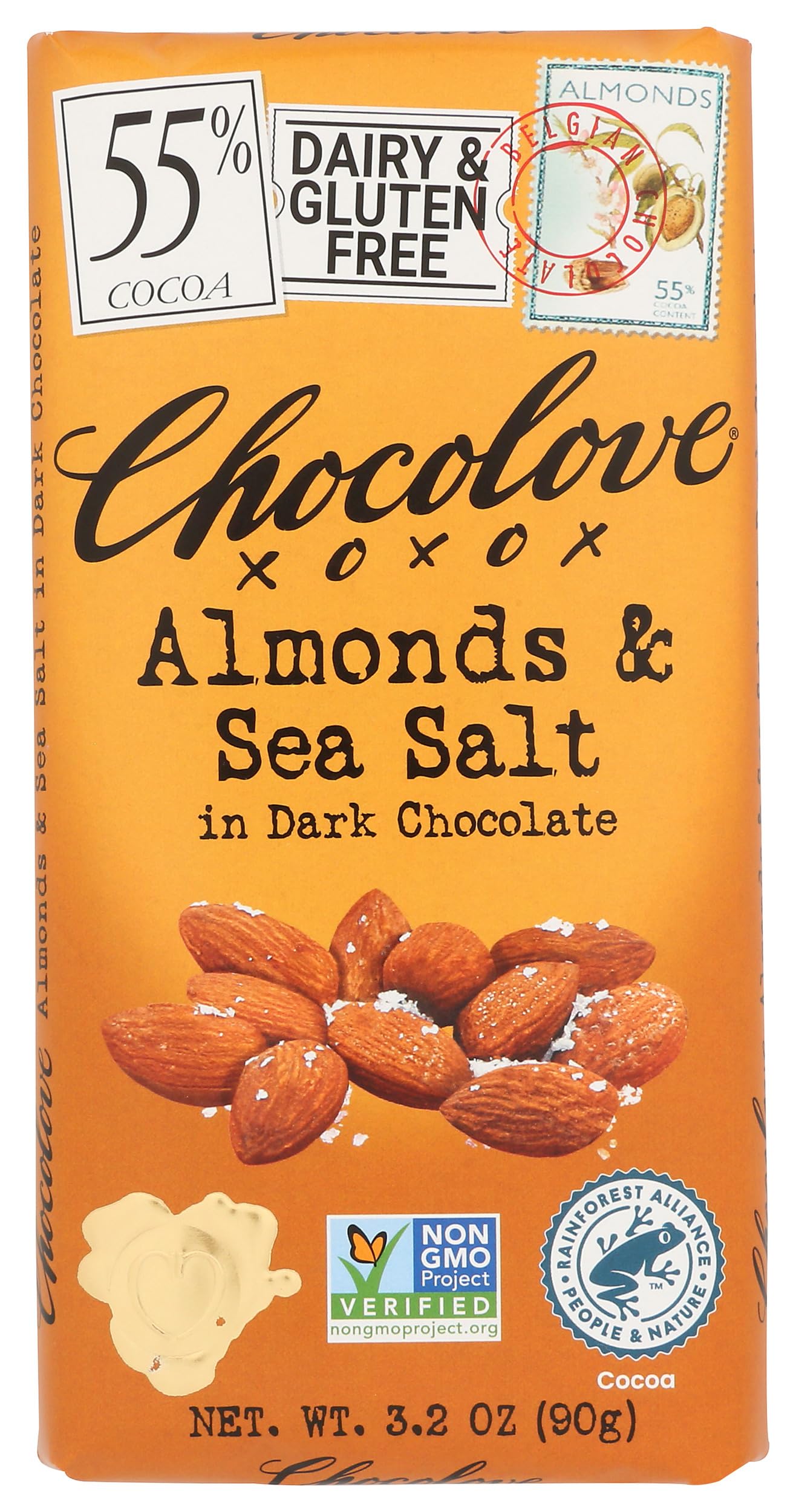 Chocolove Xoxox Premium Chocolate Bar - Dark Chocolate - Almonds And Sea Salt - 3.2 Oz Bars - Case Of 12